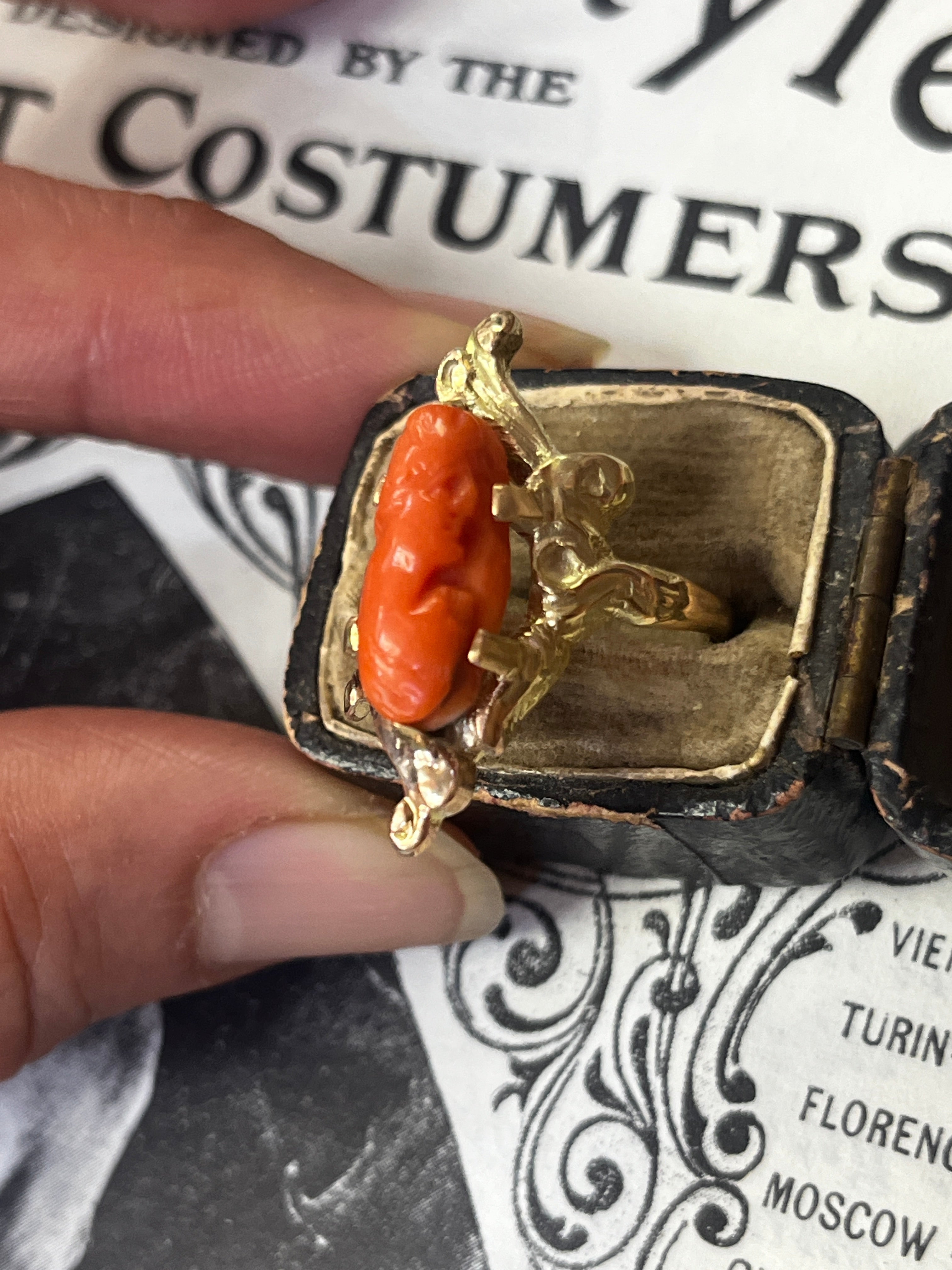 Victorian 14K Yellow Gold Carved Coral Woman’s Portrait Ring.