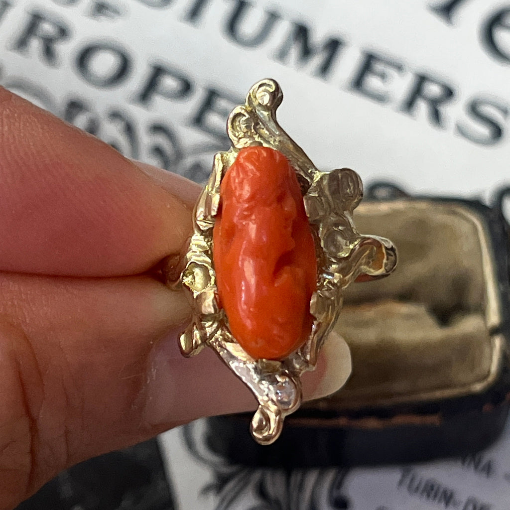 Victorian 14K Yellow Gold Carved Coral Woman’s Portrait Ring.