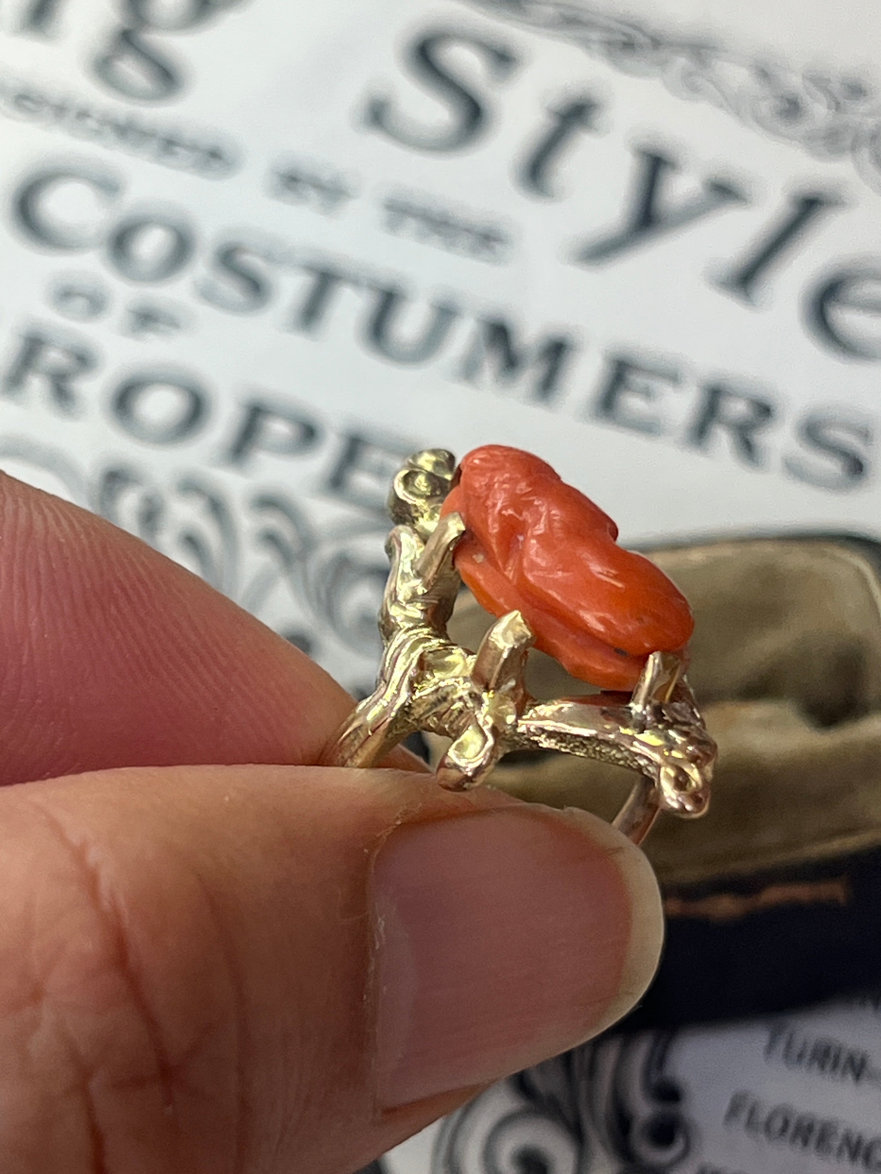 Victorian 14K Yellow Gold Carved Coral Woman’s Portrait Ring.
