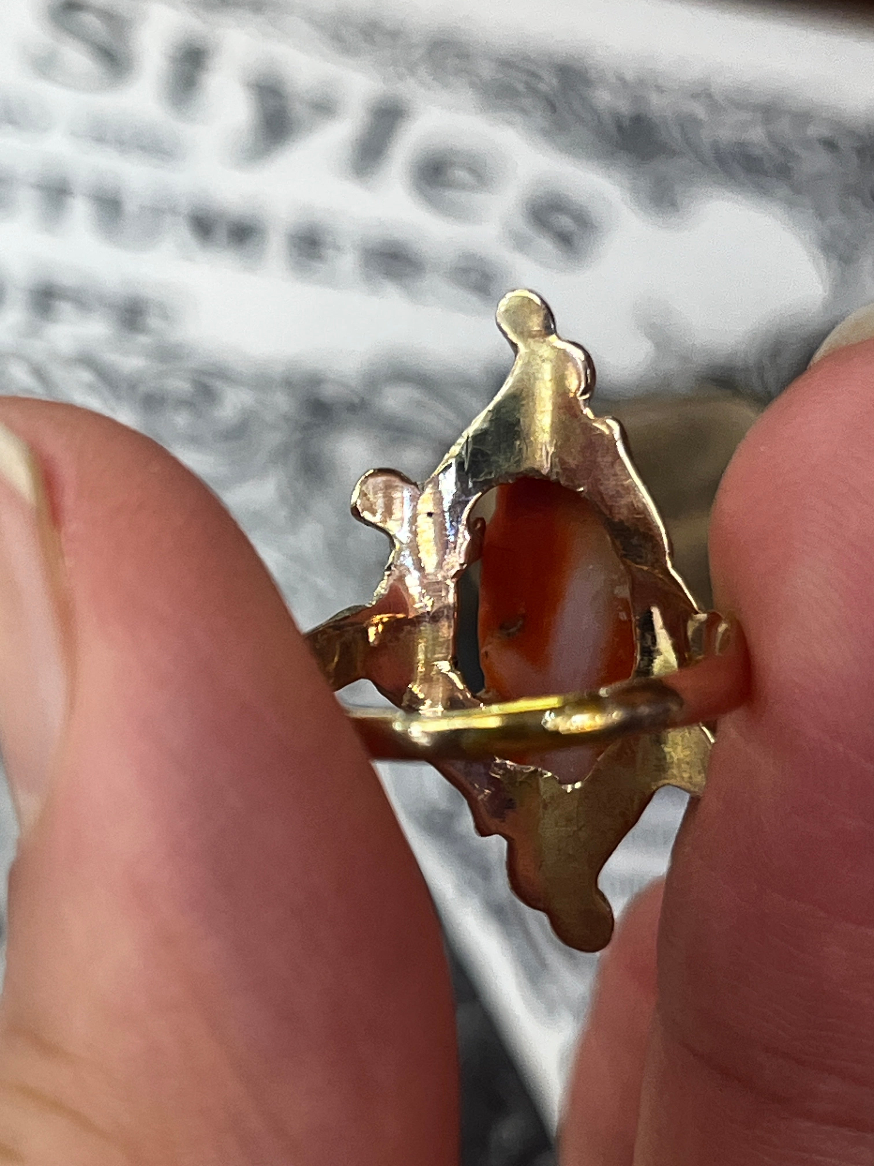 Victorian 14K Yellow Gold Carved Coral Woman’s Portrait Ring.