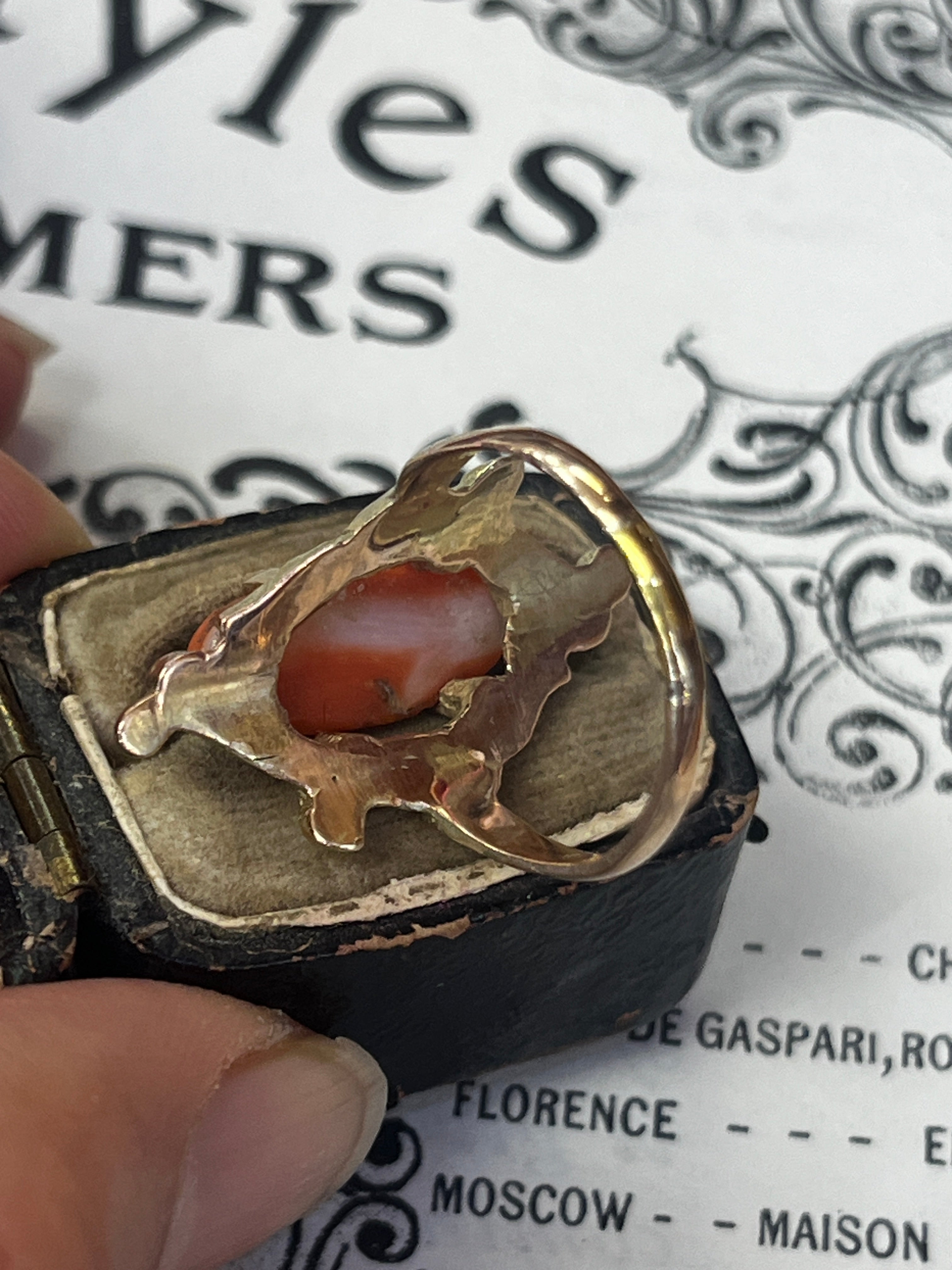 Victorian 14K Yellow Gold Carved Coral Woman’s Portrait Ring.