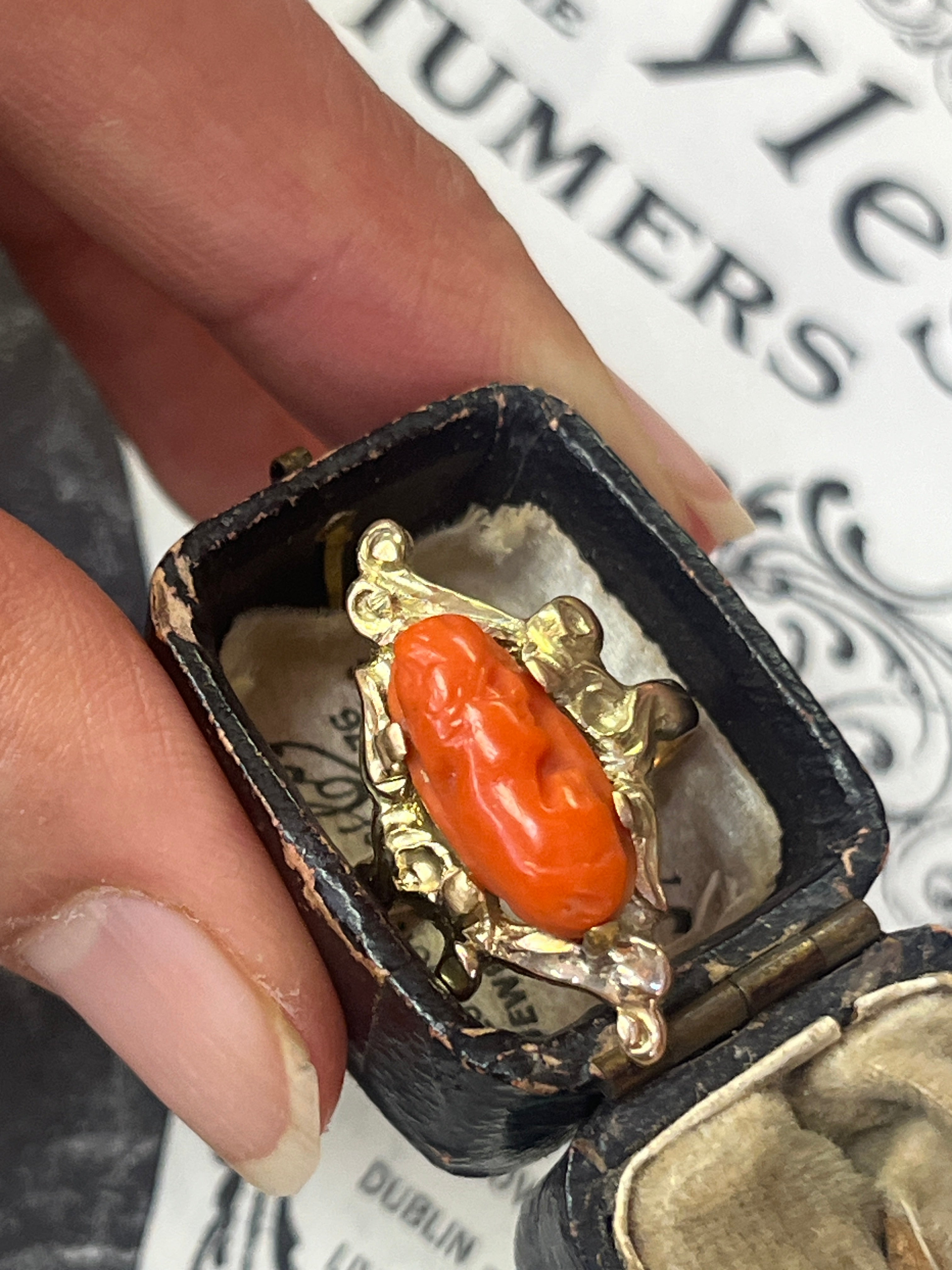 Victorian 14K Yellow Gold Carved Coral Woman’s Portrait Ring.