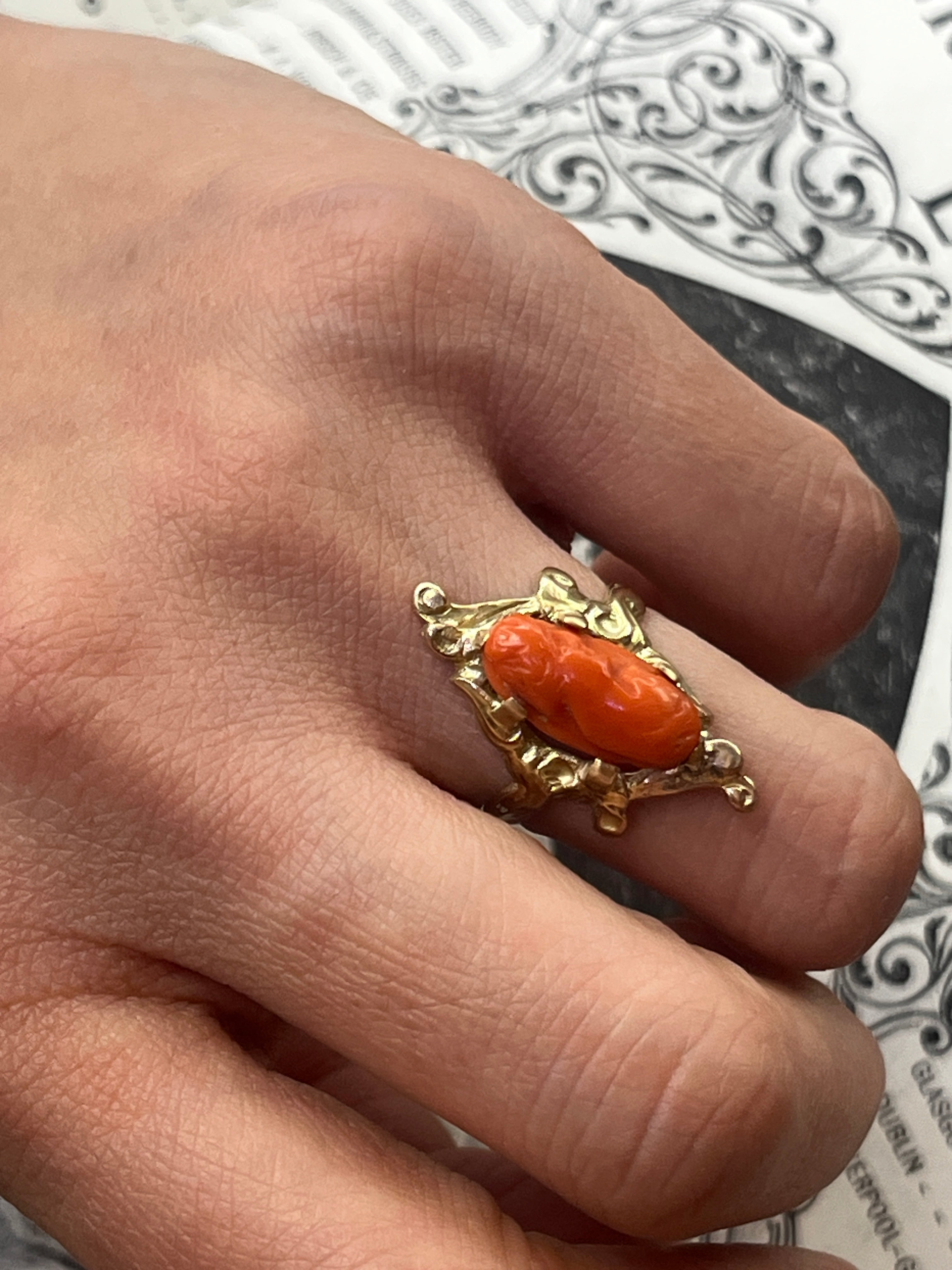 Victorian 14K Yellow Gold Carved Coral Woman’s Portrait Ring.