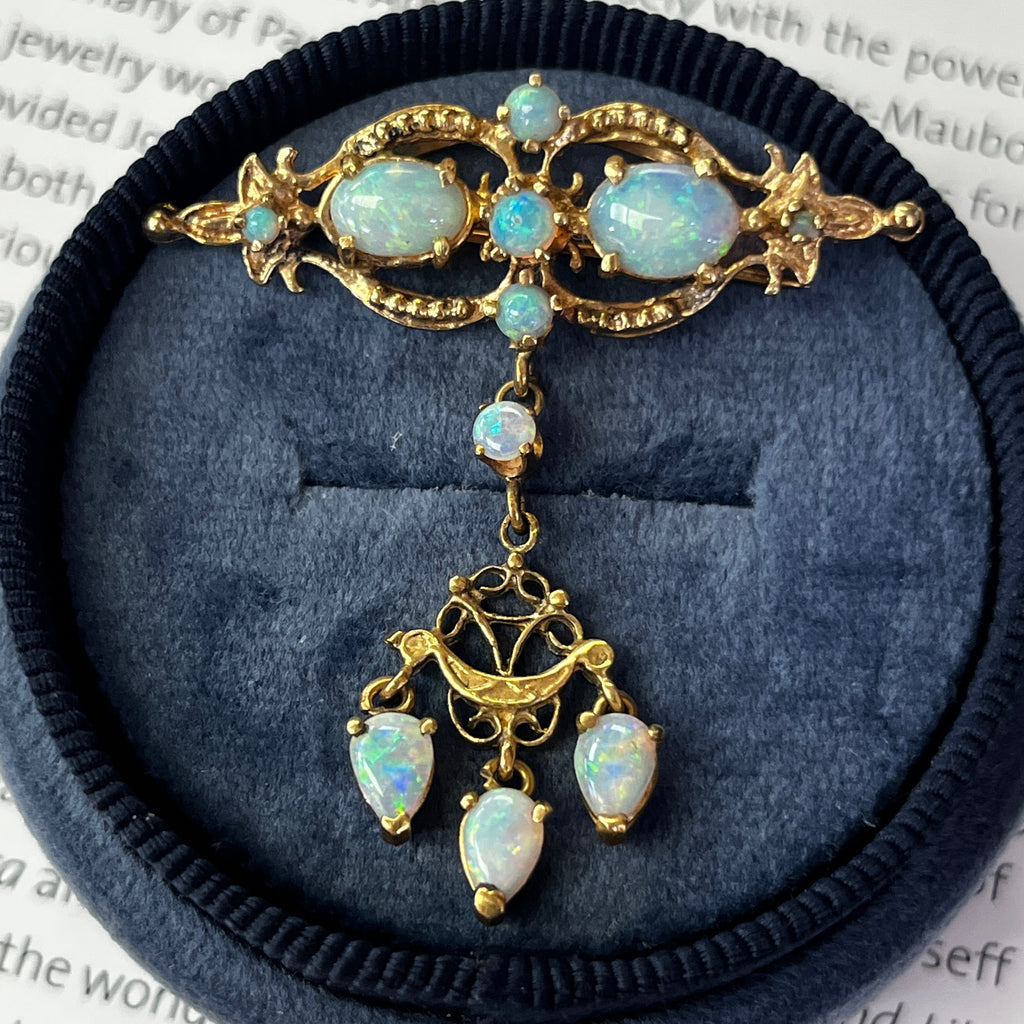 Antique Victorian Opals 14K Yellow Gold Dangle Pendant Brooch Pin