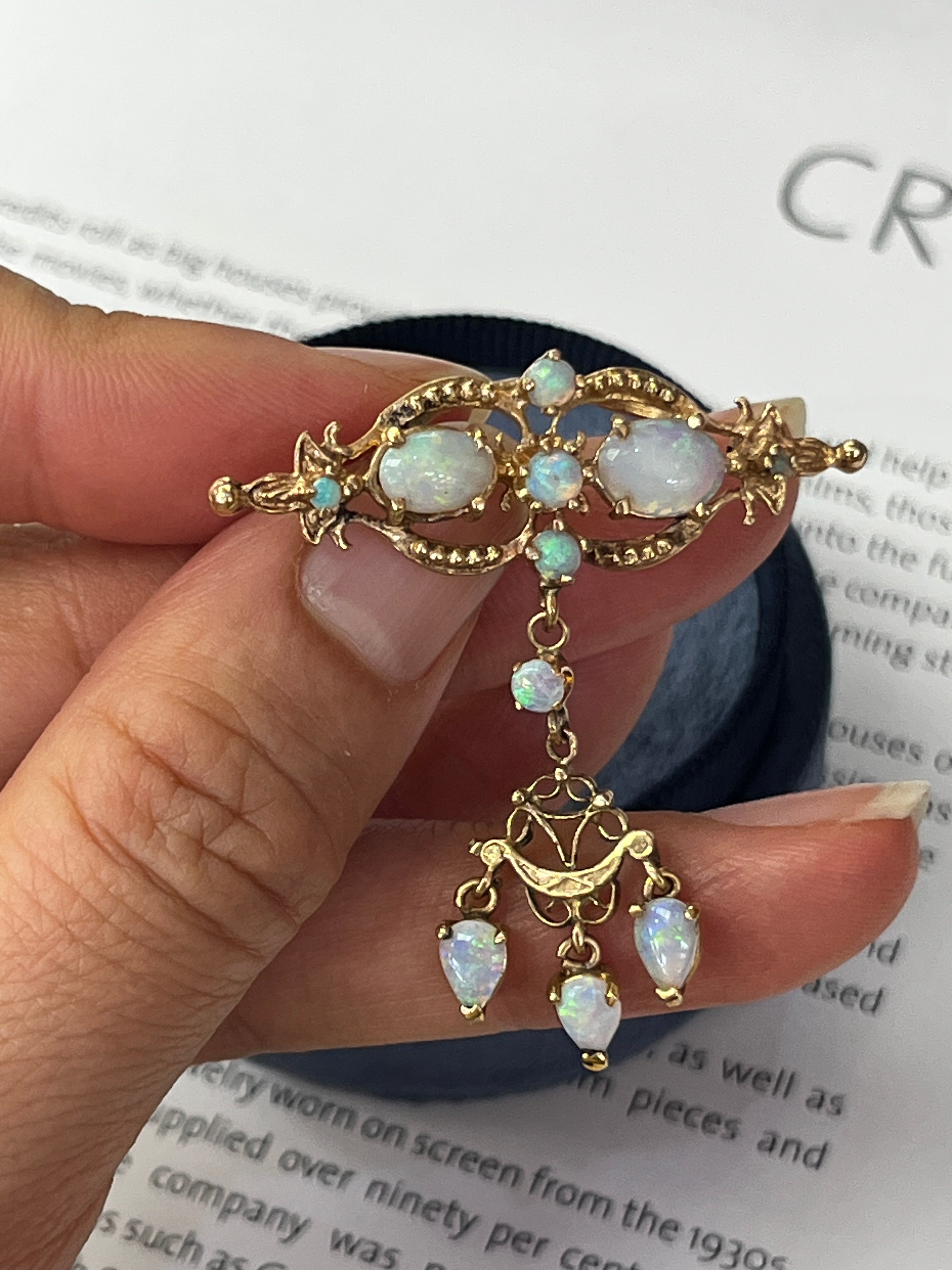 Antique Victorian Opals 14K Yellow Gold Dangle Pendant Brooch Pin