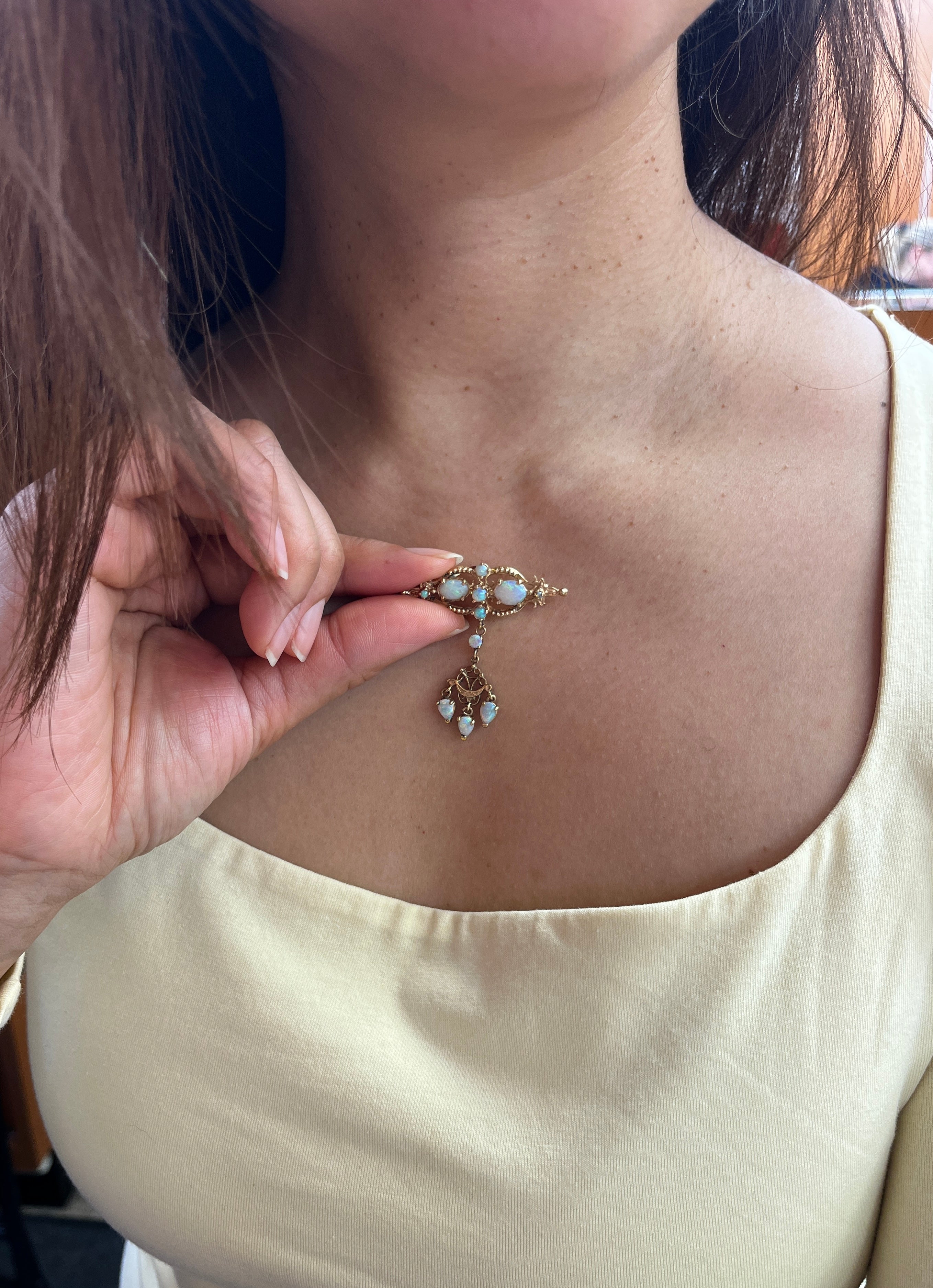 Antique Victorian Opals 14K Yellow Gold Dangle Pendant Brooch Pin