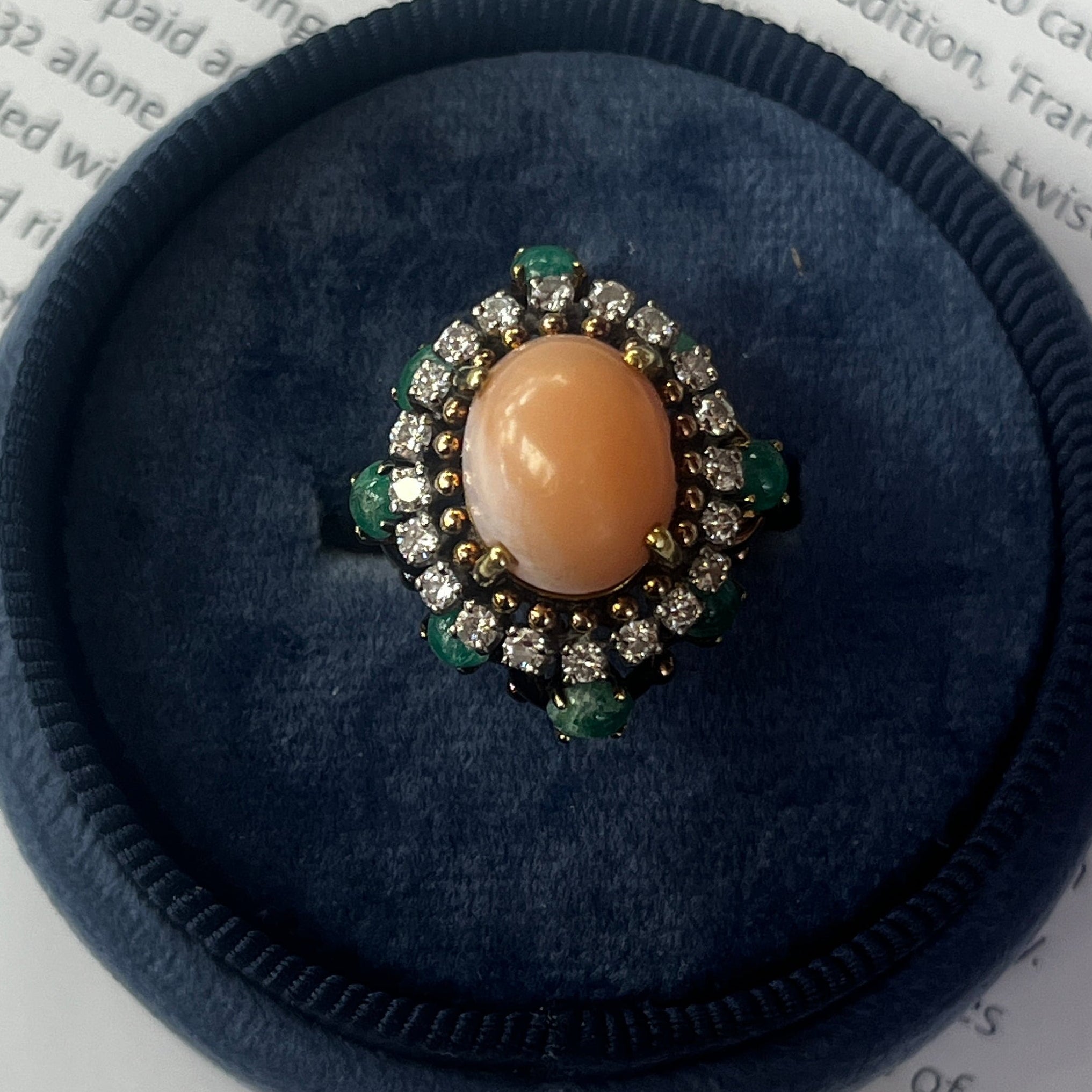 Vintage Angel Skin Coral Diamond & Emerald Halo Cocktail Ring