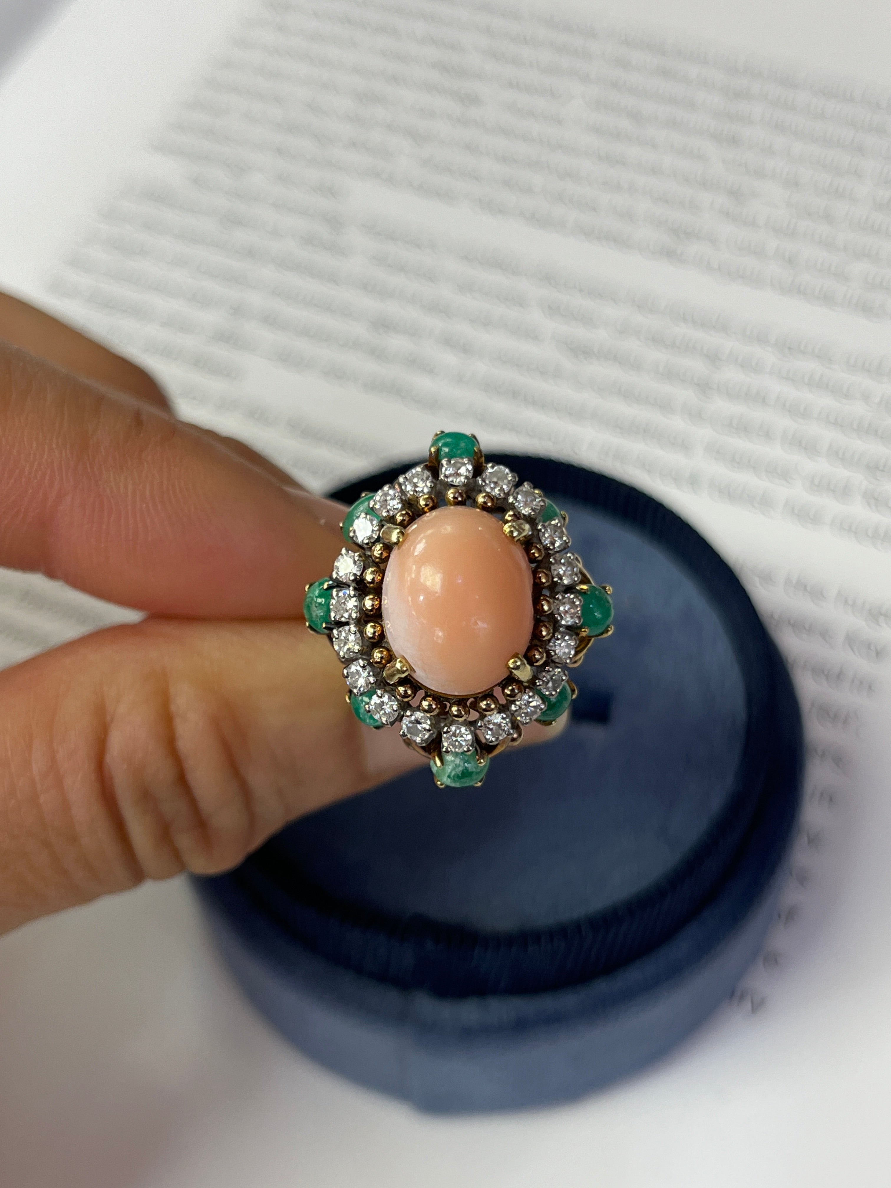 Vintage Angel Skin Coral Diamond & Emerald Halo Cocktail Ring