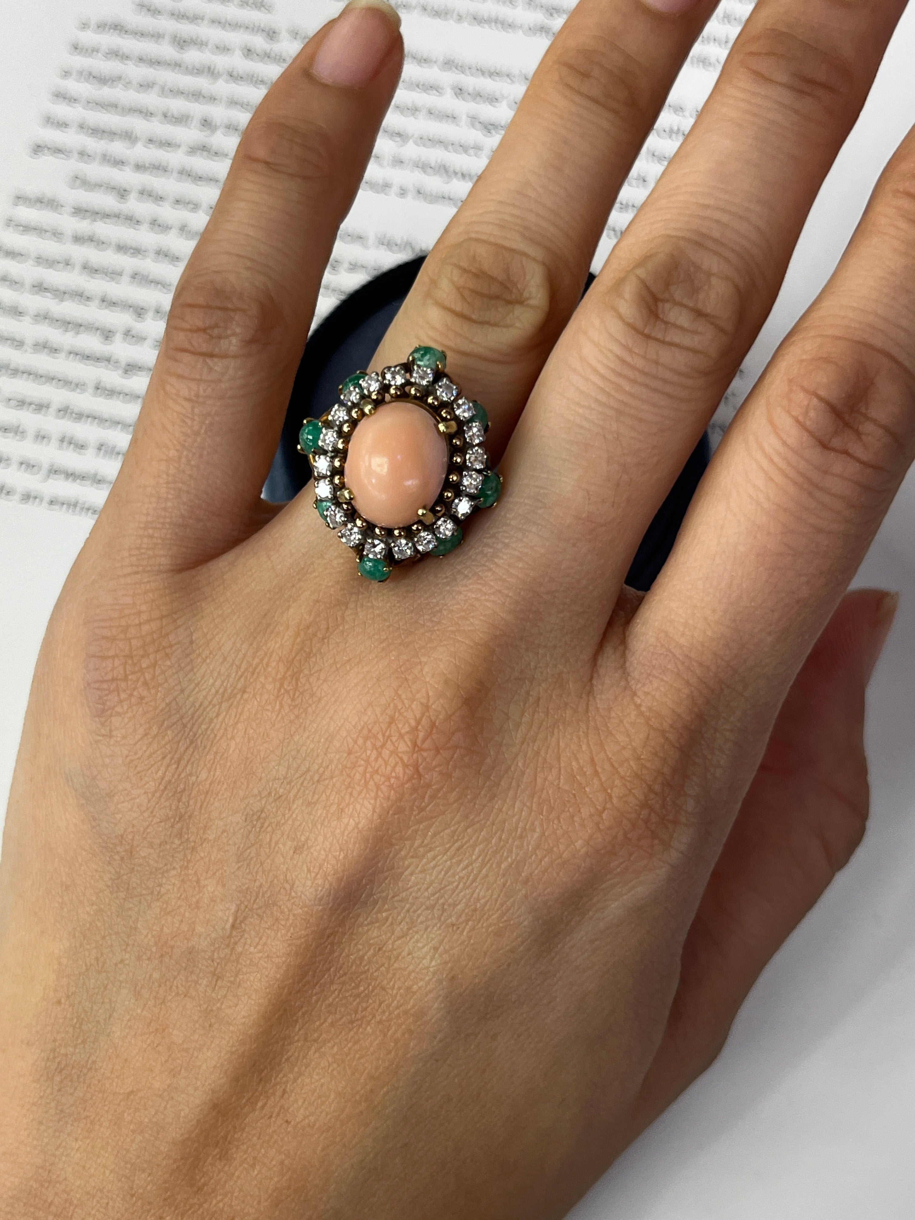 Vintage Angel Skin Coral Diamond & Emerald Halo Cocktail Ring