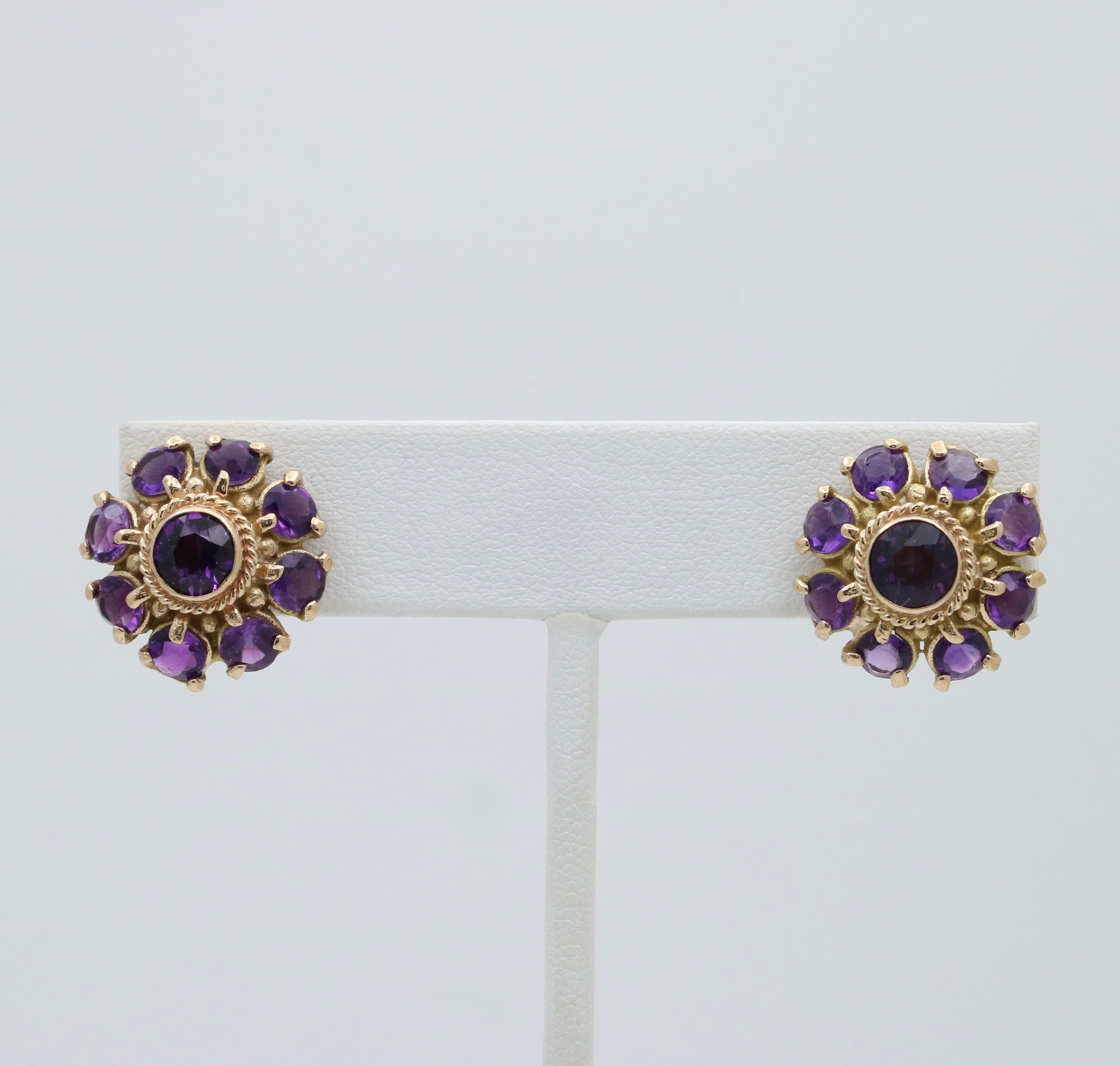 Vintage 14K Yellow Gold Siberian Amethyst Flower Studs