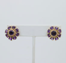 Load image into Gallery viewer, Vintage 14K Yellow Gold Siberian Amethyst Flower Studs
