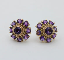 Load image into Gallery viewer, Vintage 14K Yellow Gold Siberian Amethyst Flower Studs
