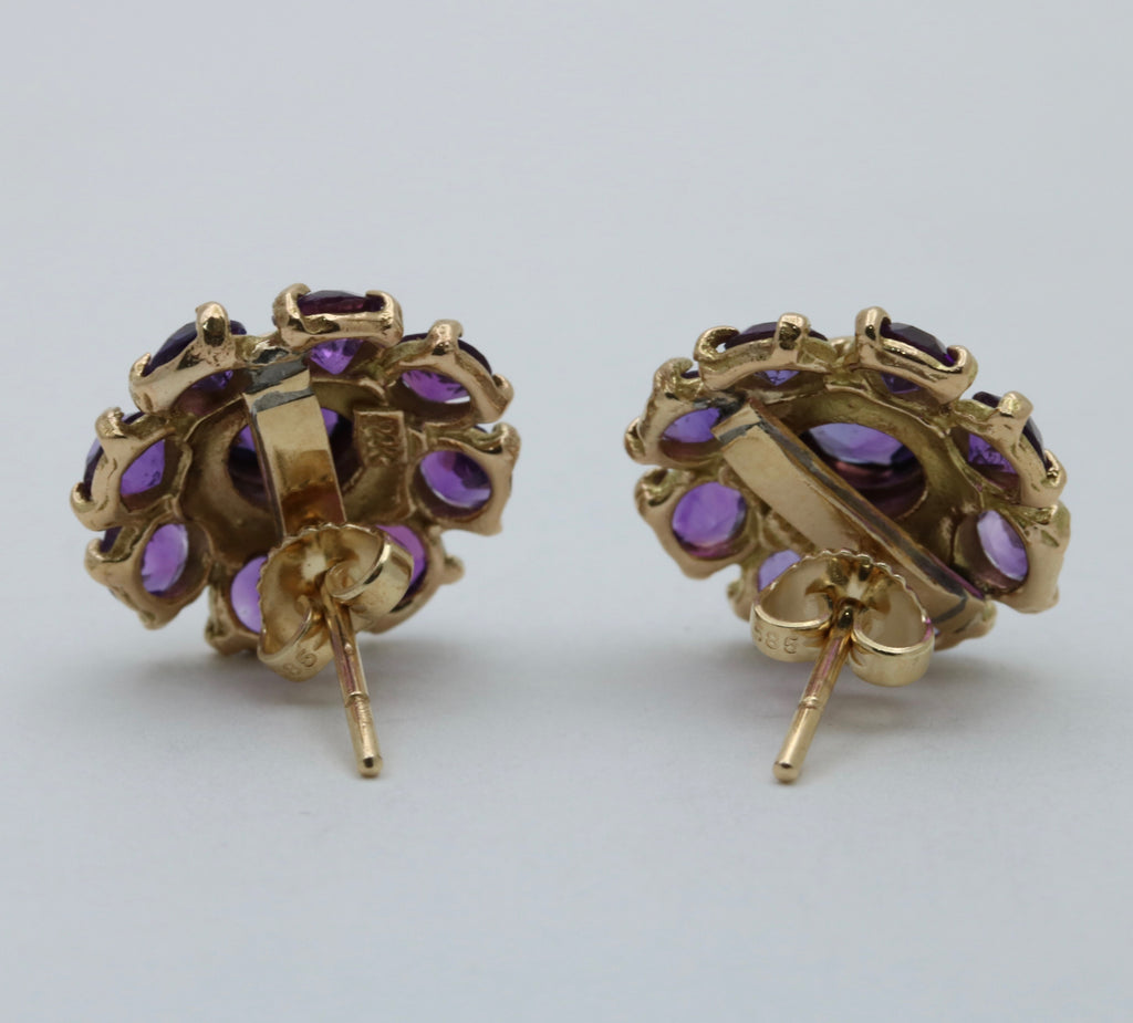 Vintage 14K Yellow Gold Siberian Amethyst Flower Studs