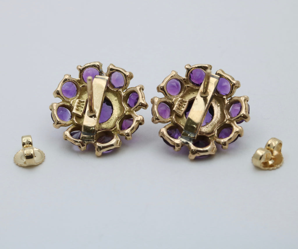 Vintage 14K Yellow Gold Siberian Amethyst Flower Studs