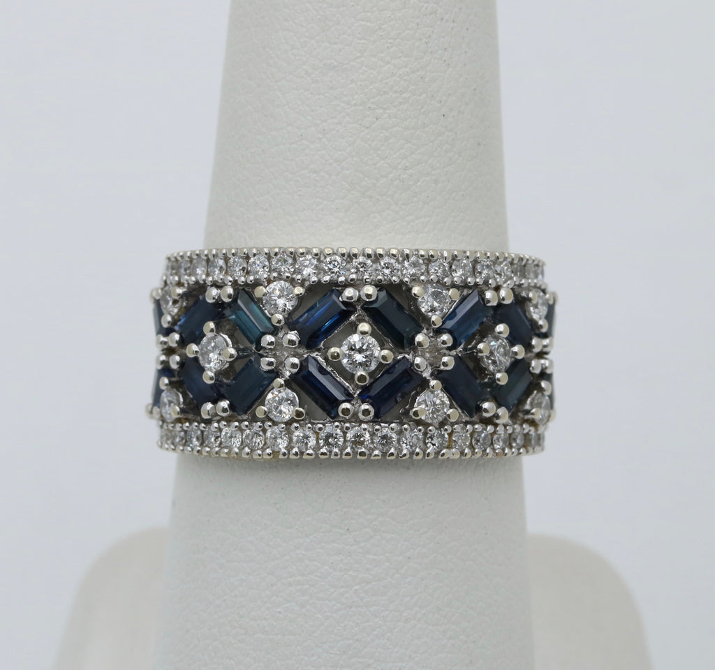 Vintage 14K White Gold Sapphire & Diamond Wide Band
