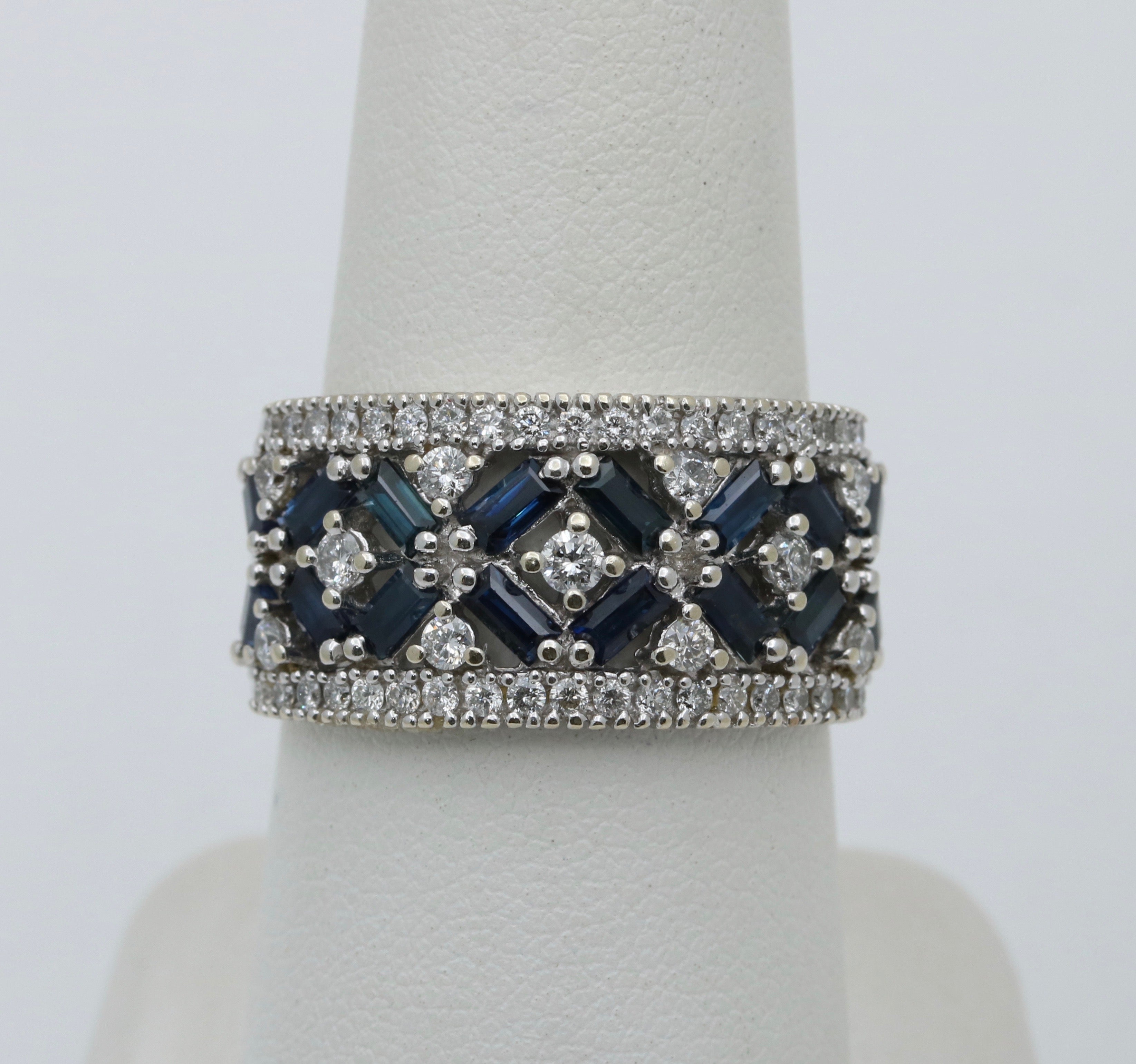 Vintage 14K White Gold Sapphire & Diamond Wide Band