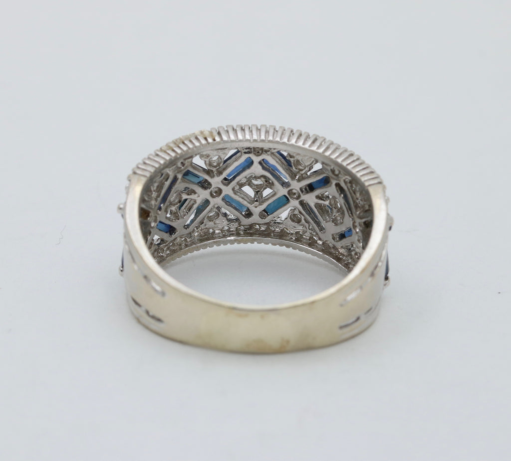 Vintage 14K White Gold Sapphire & Diamond Wide Band