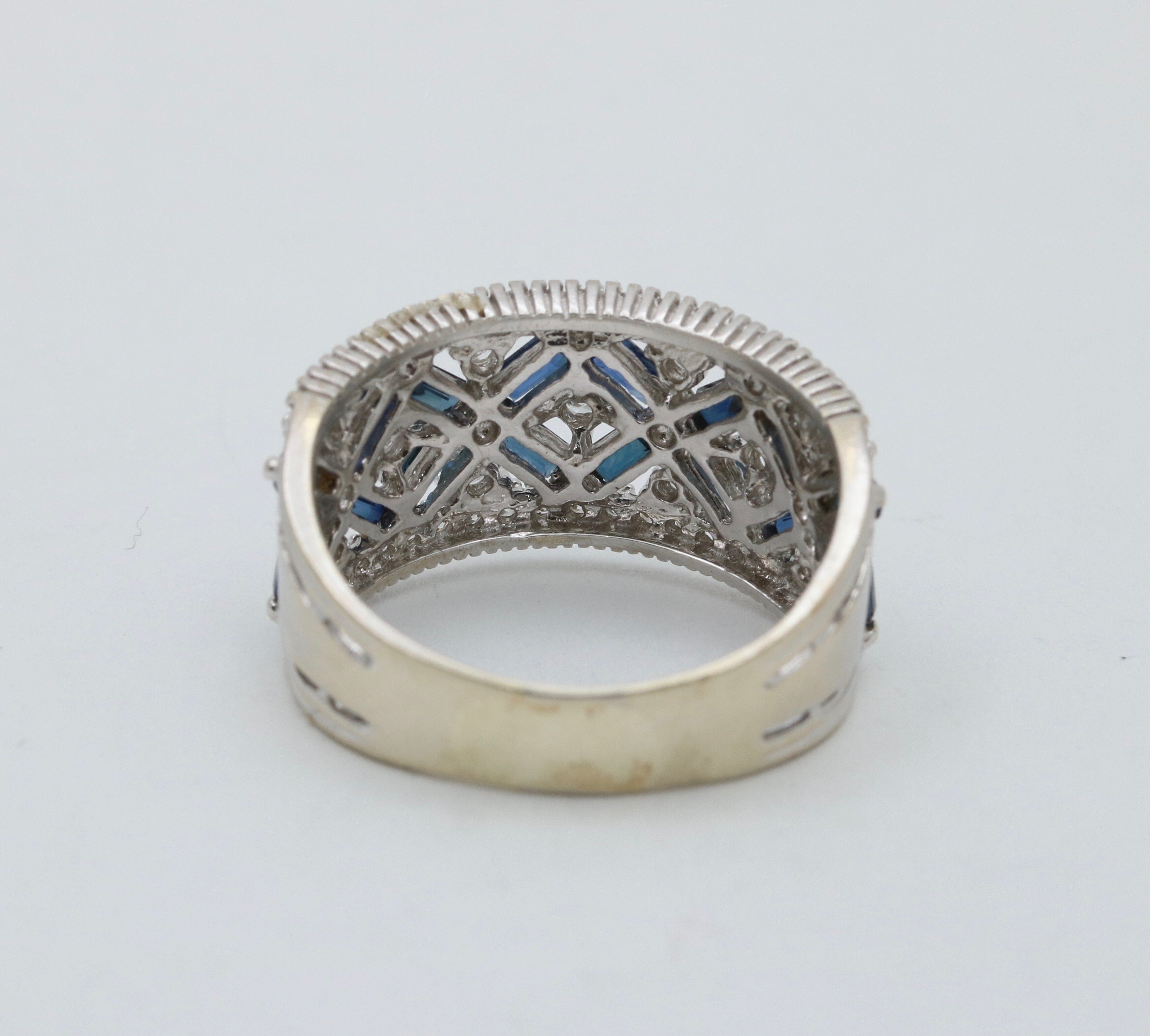 Vintage 14K White Gold Sapphire & Diamond Wide Band