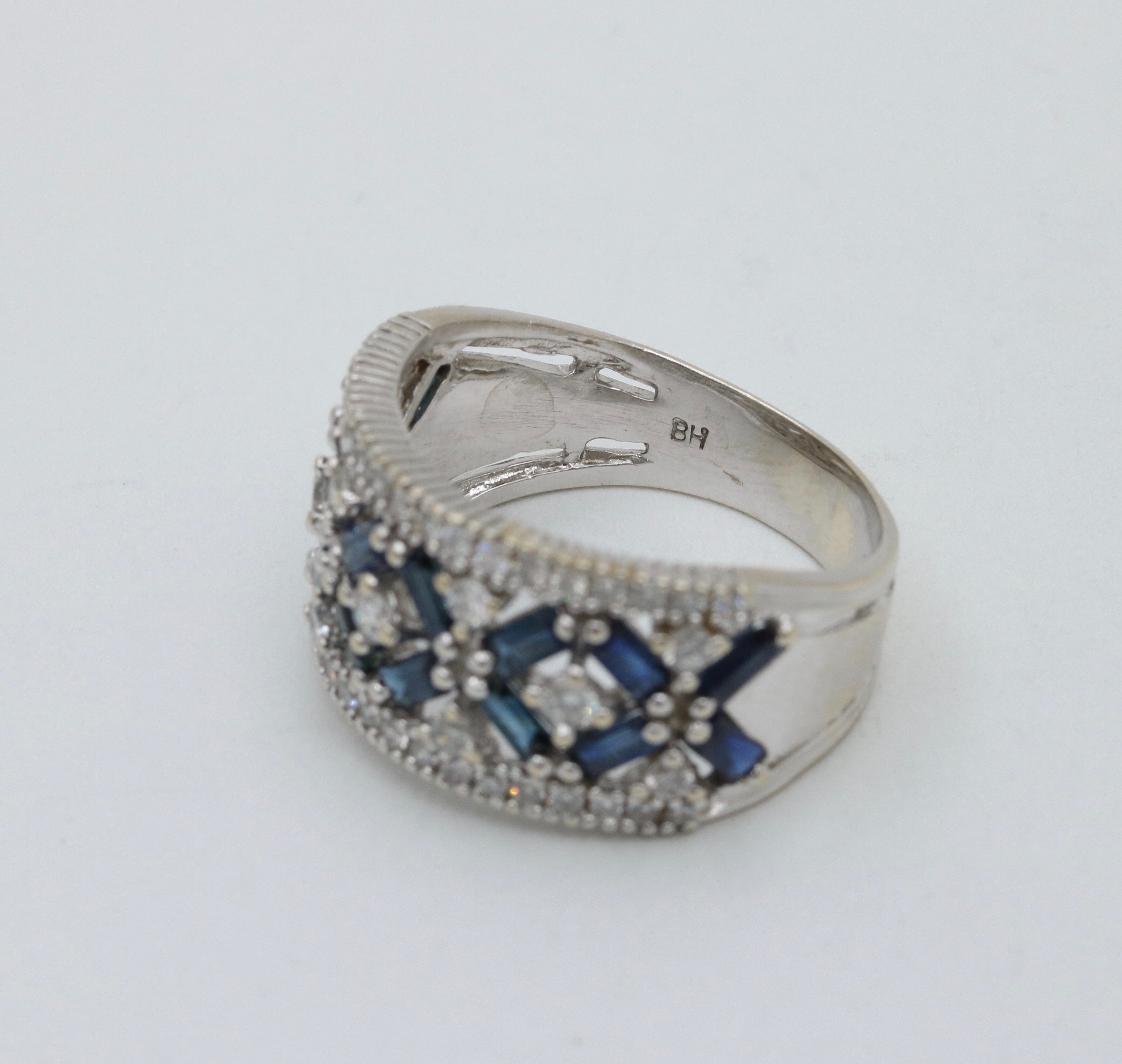 Vintage 14K White Gold Sapphire & Diamond Wide Band