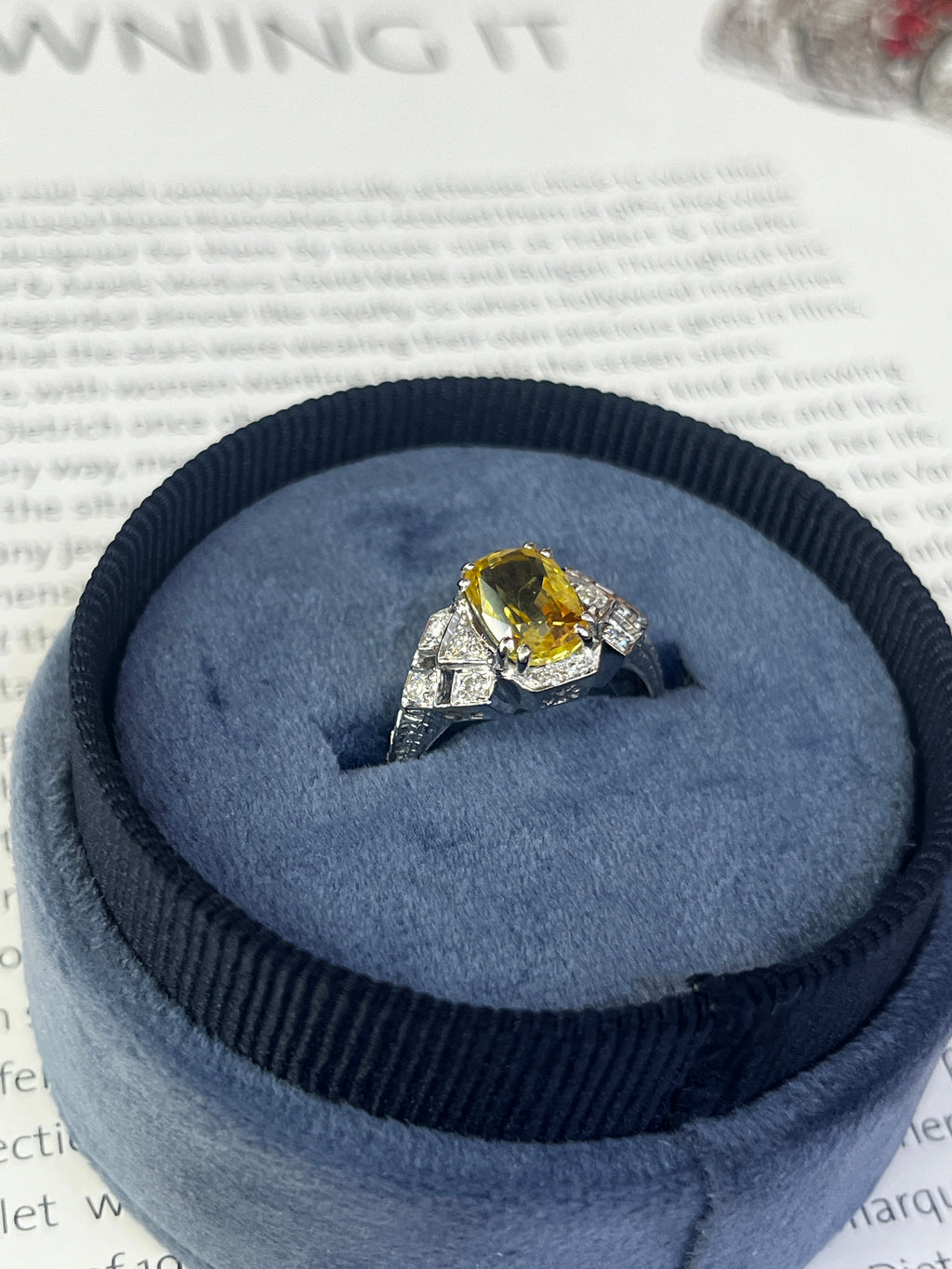 2.48 carats Cushion Cut Vivid Yellow Sapphire 18K White Gold Diamond Ring