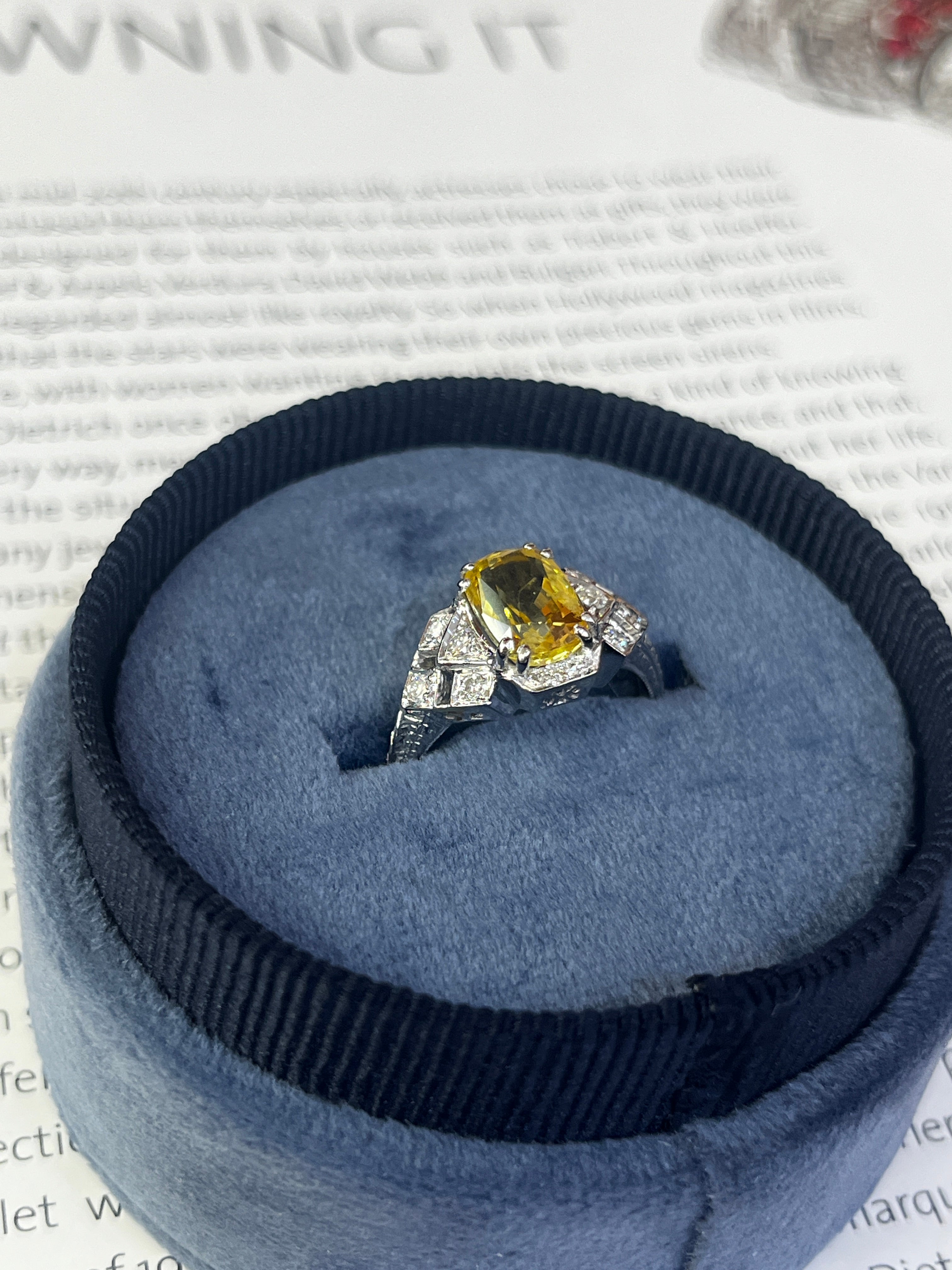 2.48 carats Cushion Cut Vivid Yellow Sapphire 18K White Gold Diamond Ring