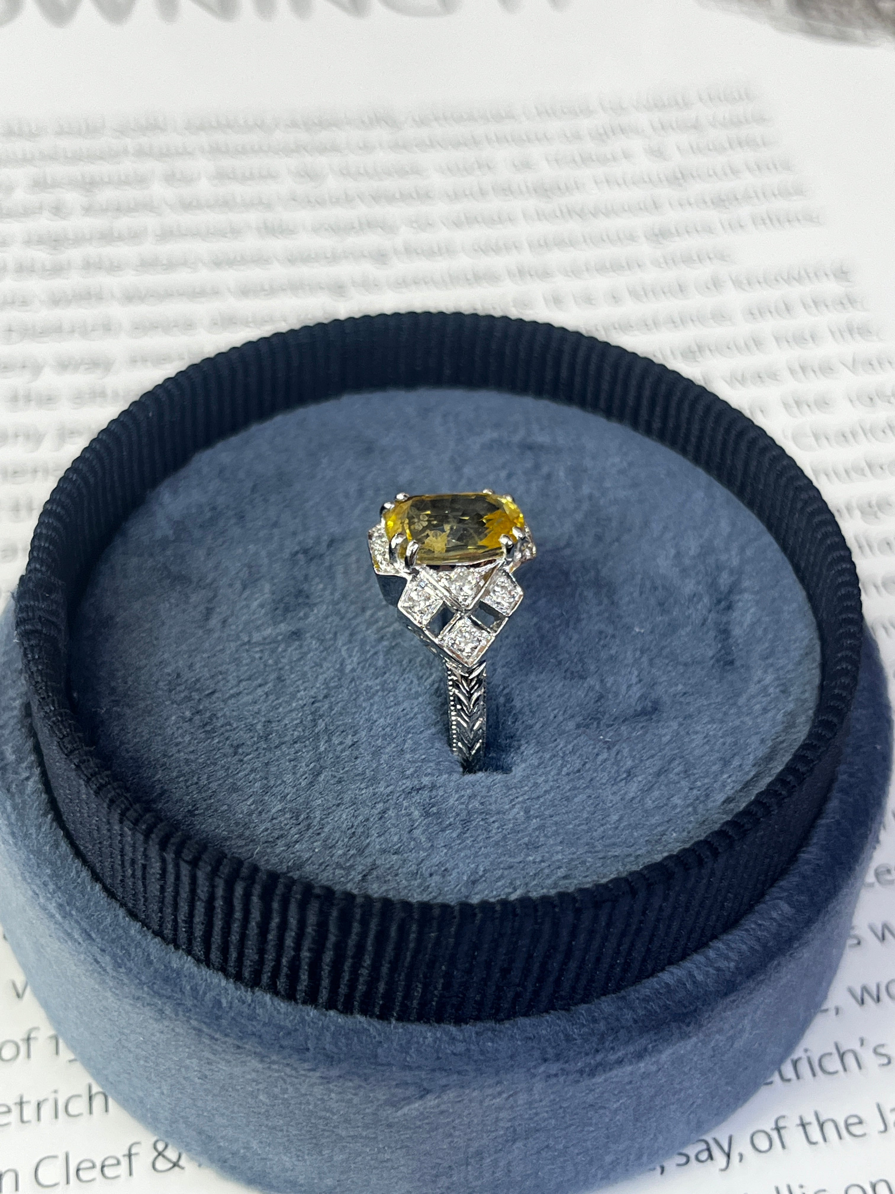 2.48 carats Cushion Cut Vivid Yellow Sapphire 18K White Gold Diamond Ring