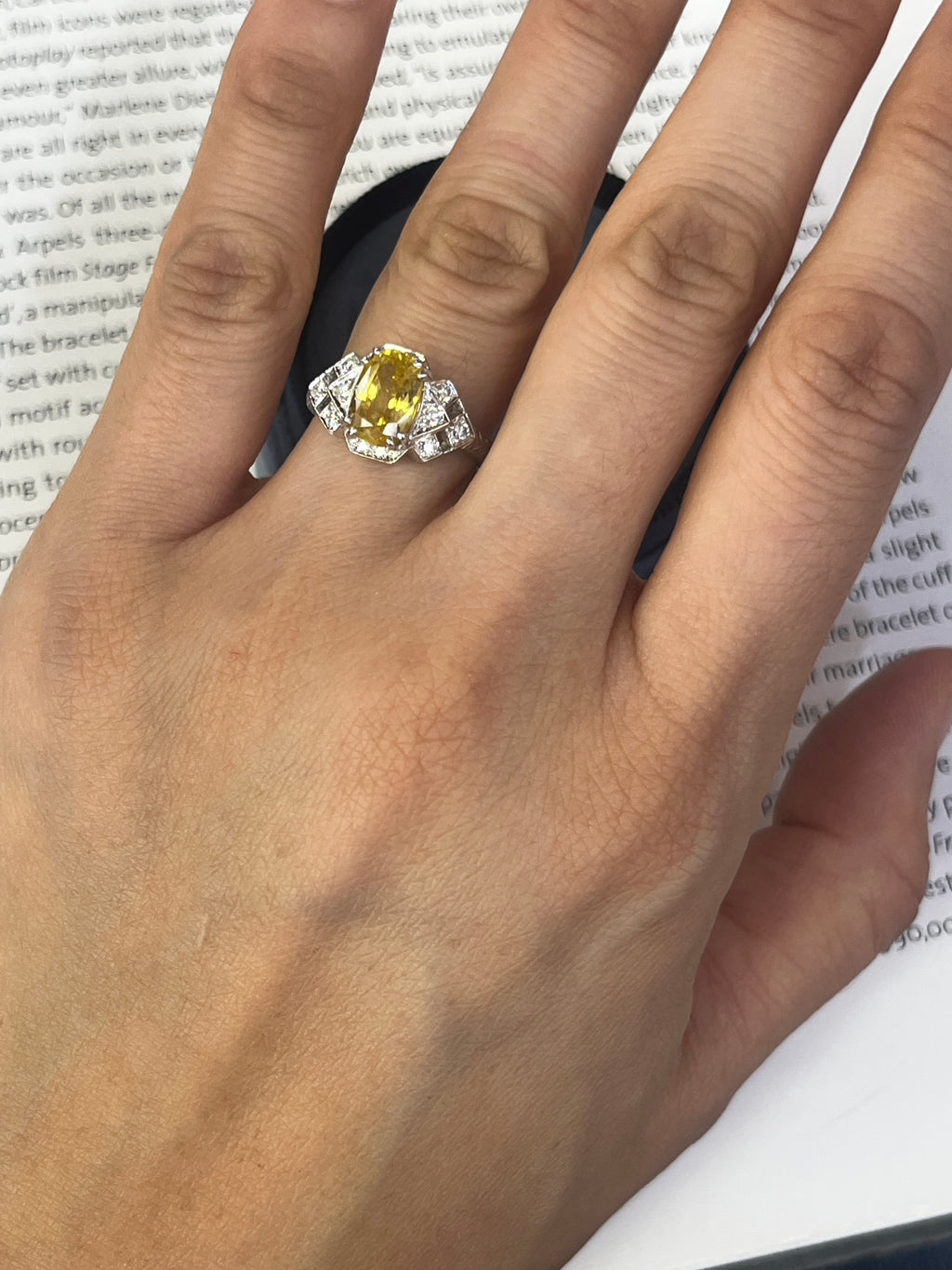 2.48 carats Cushion Cut Vivid Yellow Sapphire 18K White Gold Diamond Ring