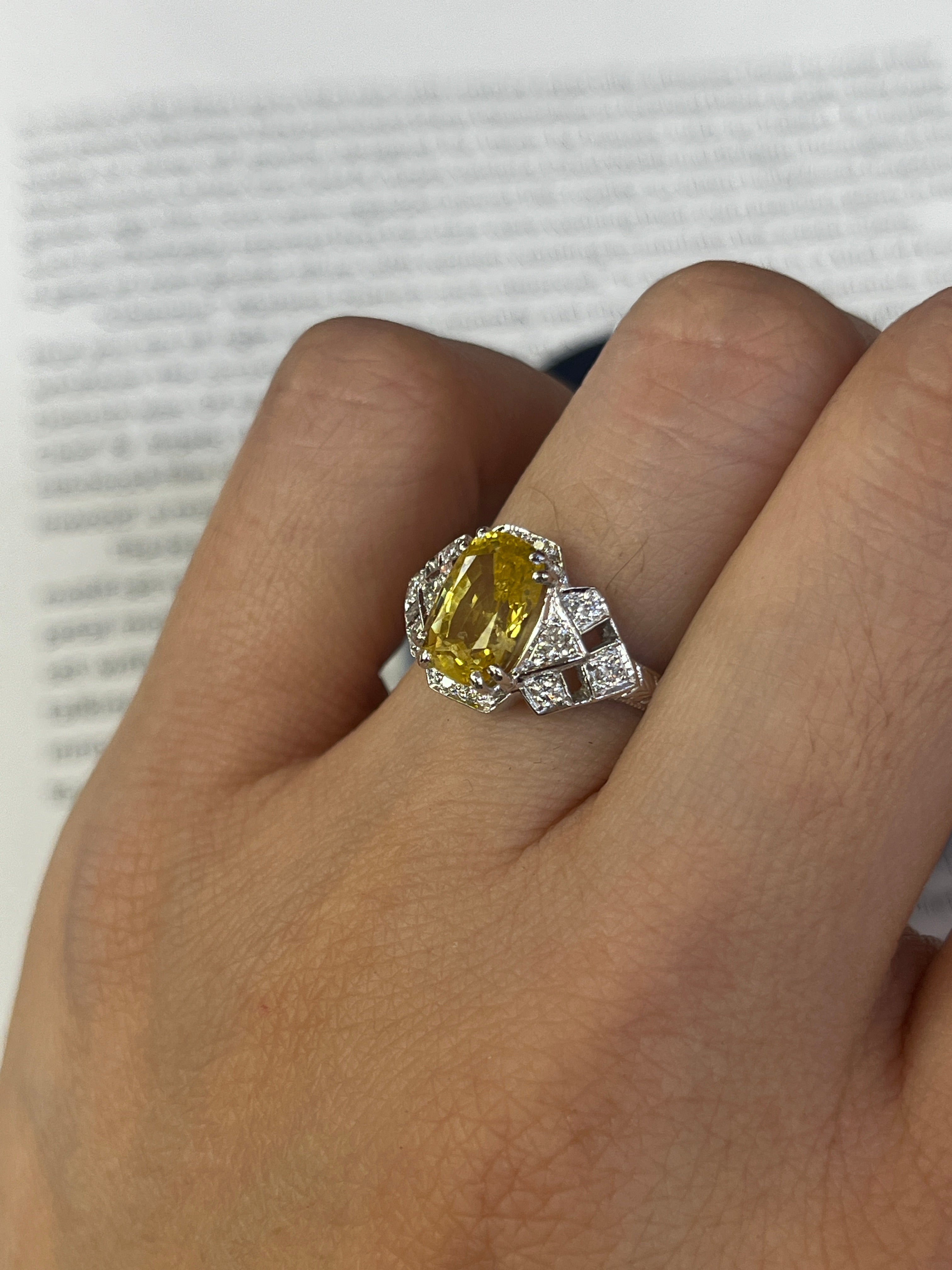 2.48 carats Cushion Cut Vivid Yellow Sapphire 18K White Gold Diamond Ring