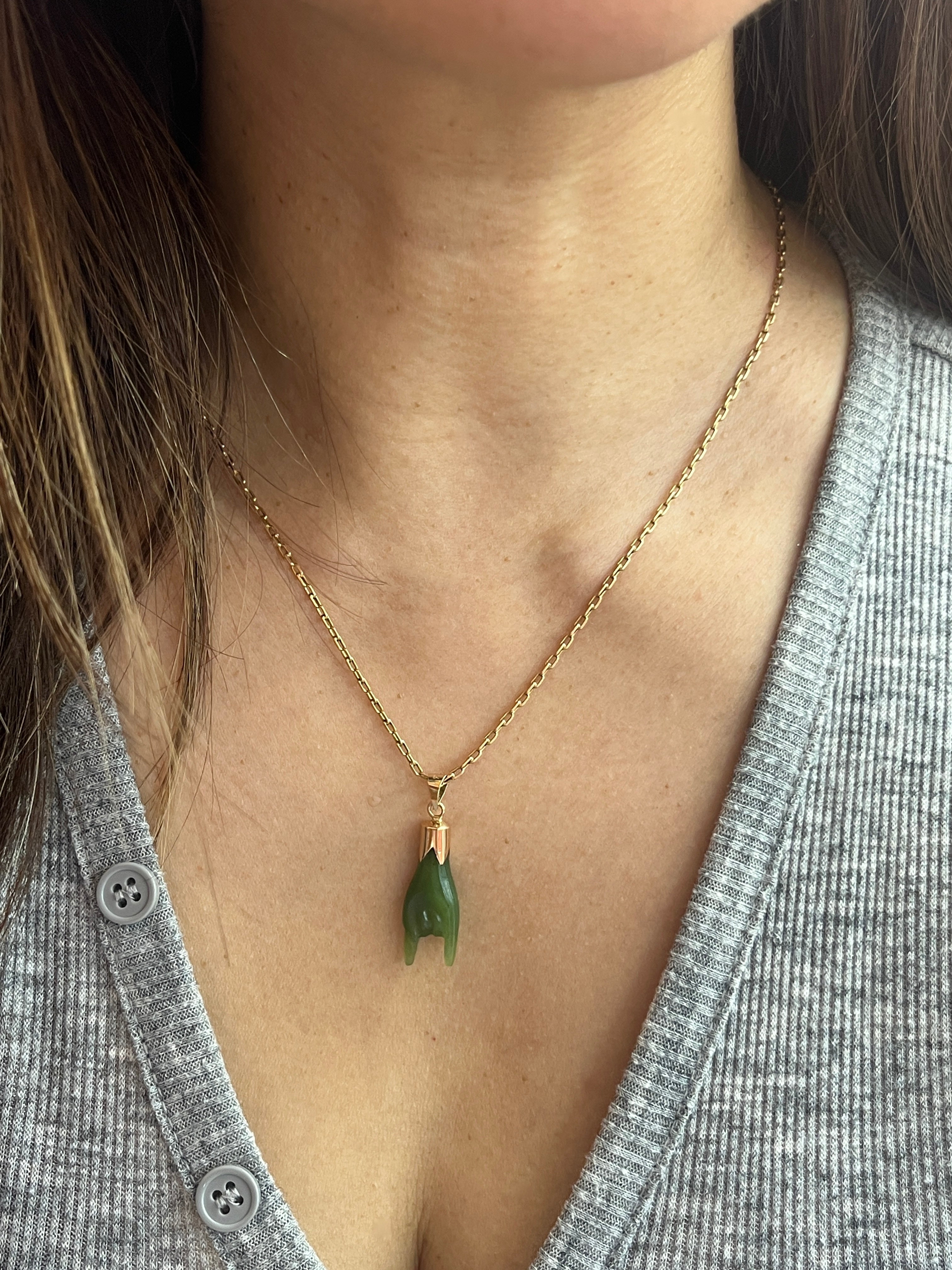 Vintage 10K Yellow Gold Carved Chrysoprase Cornuto Charm.