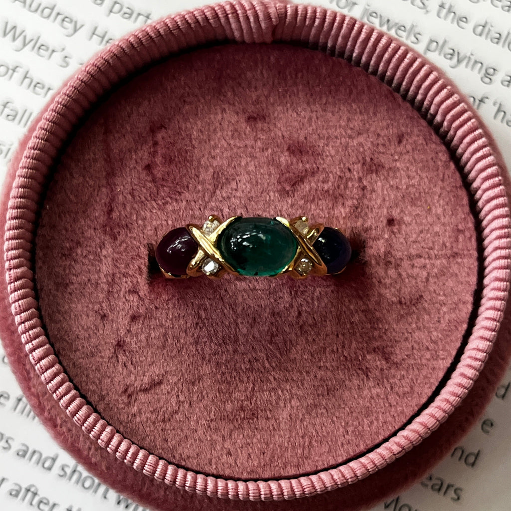 Vintage Three Stones Cabochon Emerald, Ruby And Sapphire 14K Yellow Gold Ring