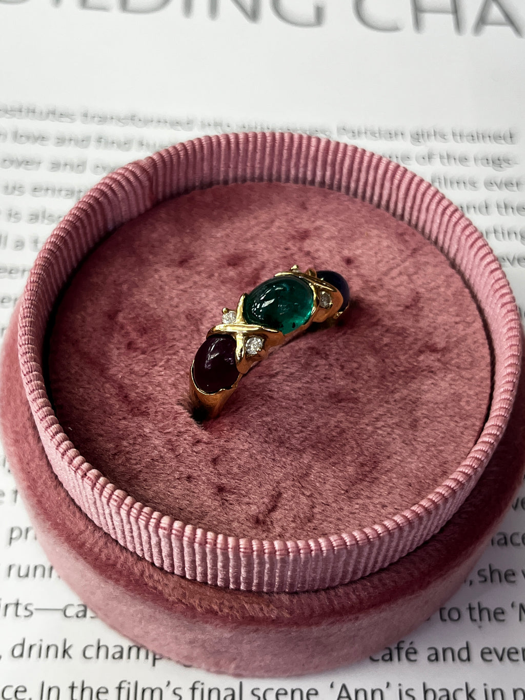 Vintage Three Stones Cabochon Emerald, Ruby And Sapphire 14K Yellow Gold Ring