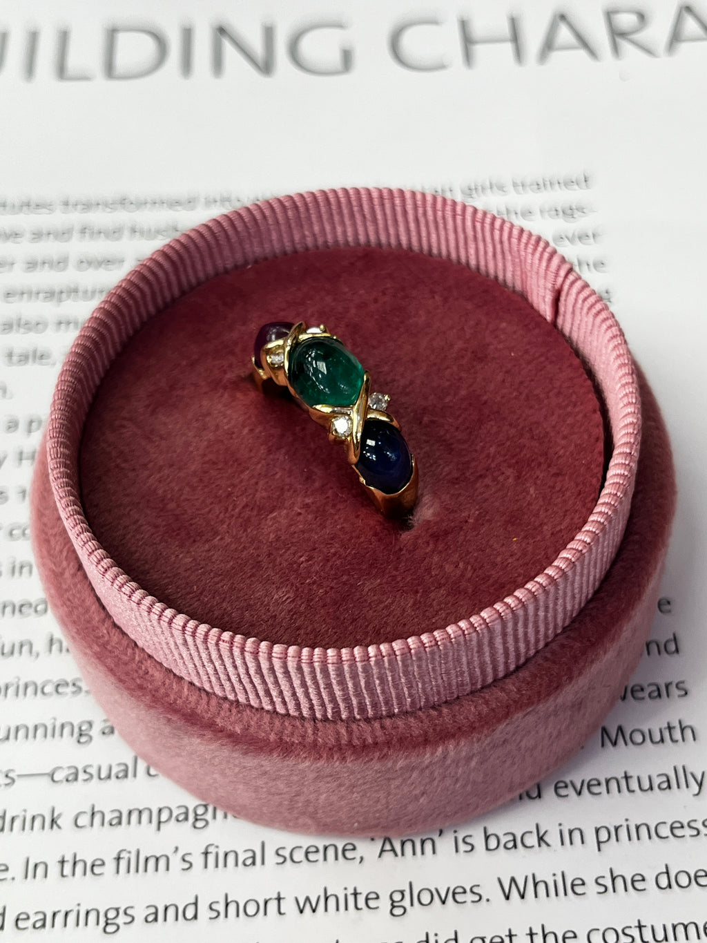 Vintage Three Stones Cabochon Emerald, Ruby And Sapphire 14K Yellow Gold Ring