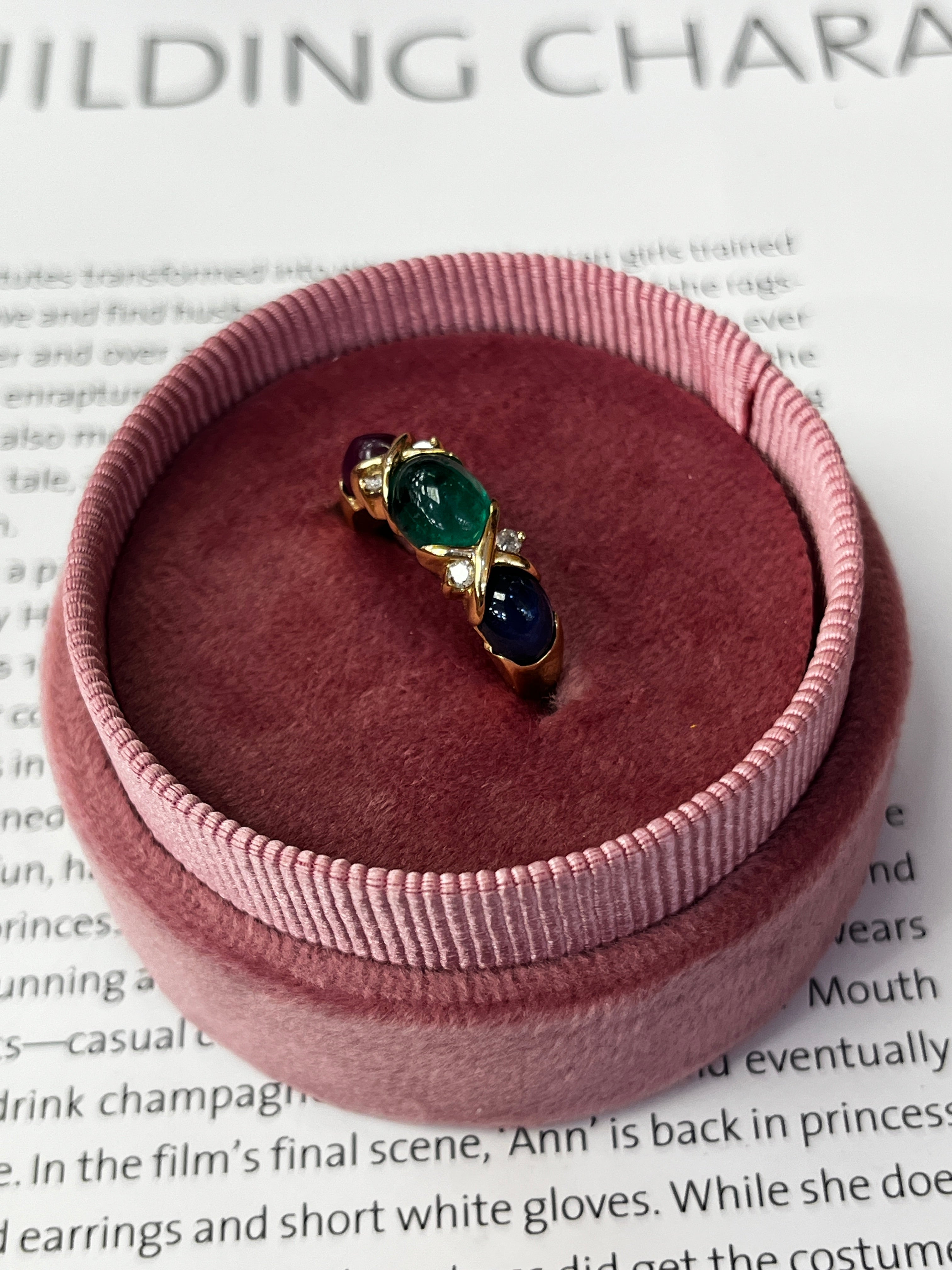 Vintage Three Stones Cabochon Emerald, Ruby And Sapphire 14K Yellow Gold Ring