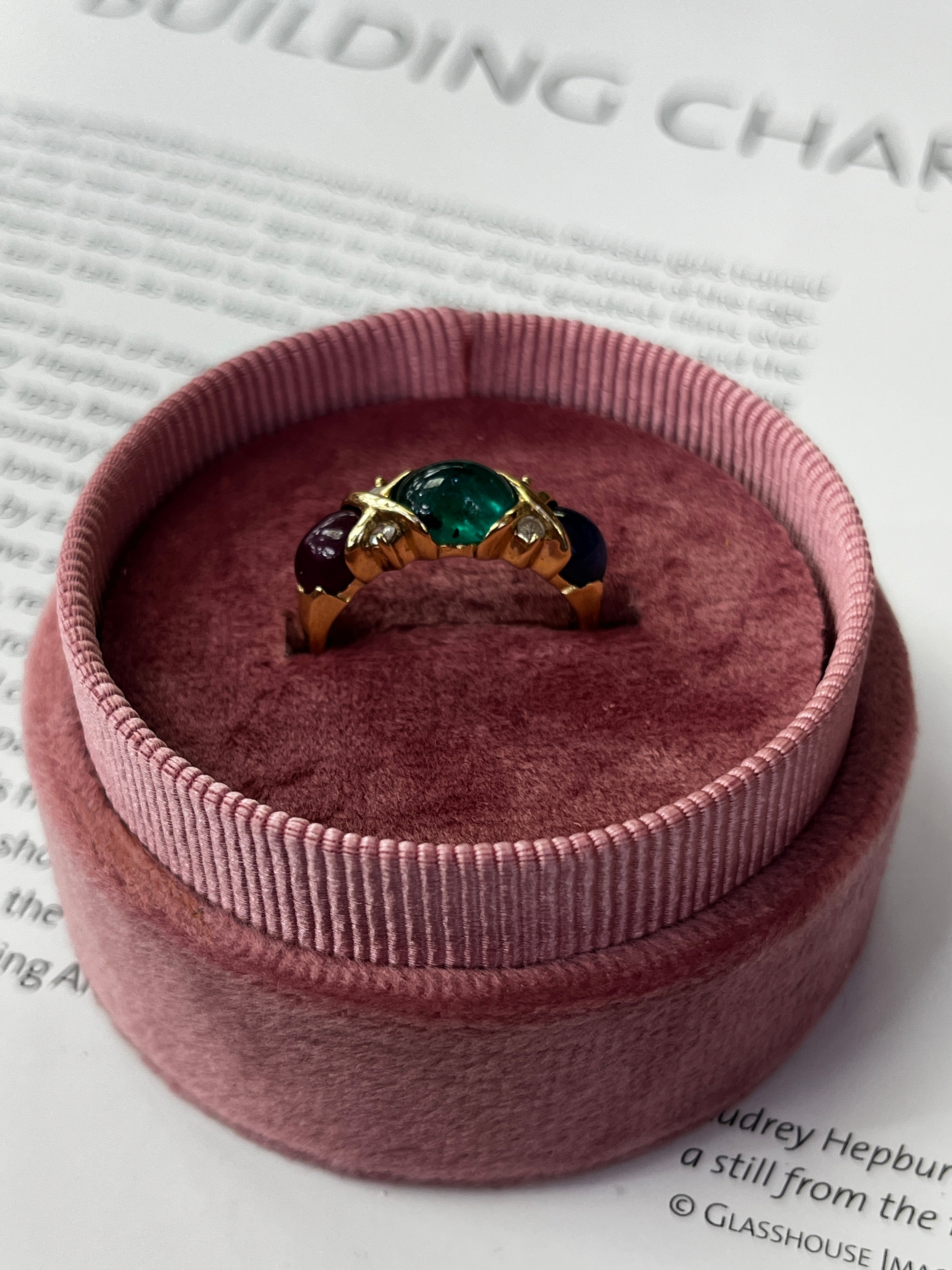 Vintage Three Stones Cabochon Emerald, Ruby And Sapphire 14K Yellow Gold Ring