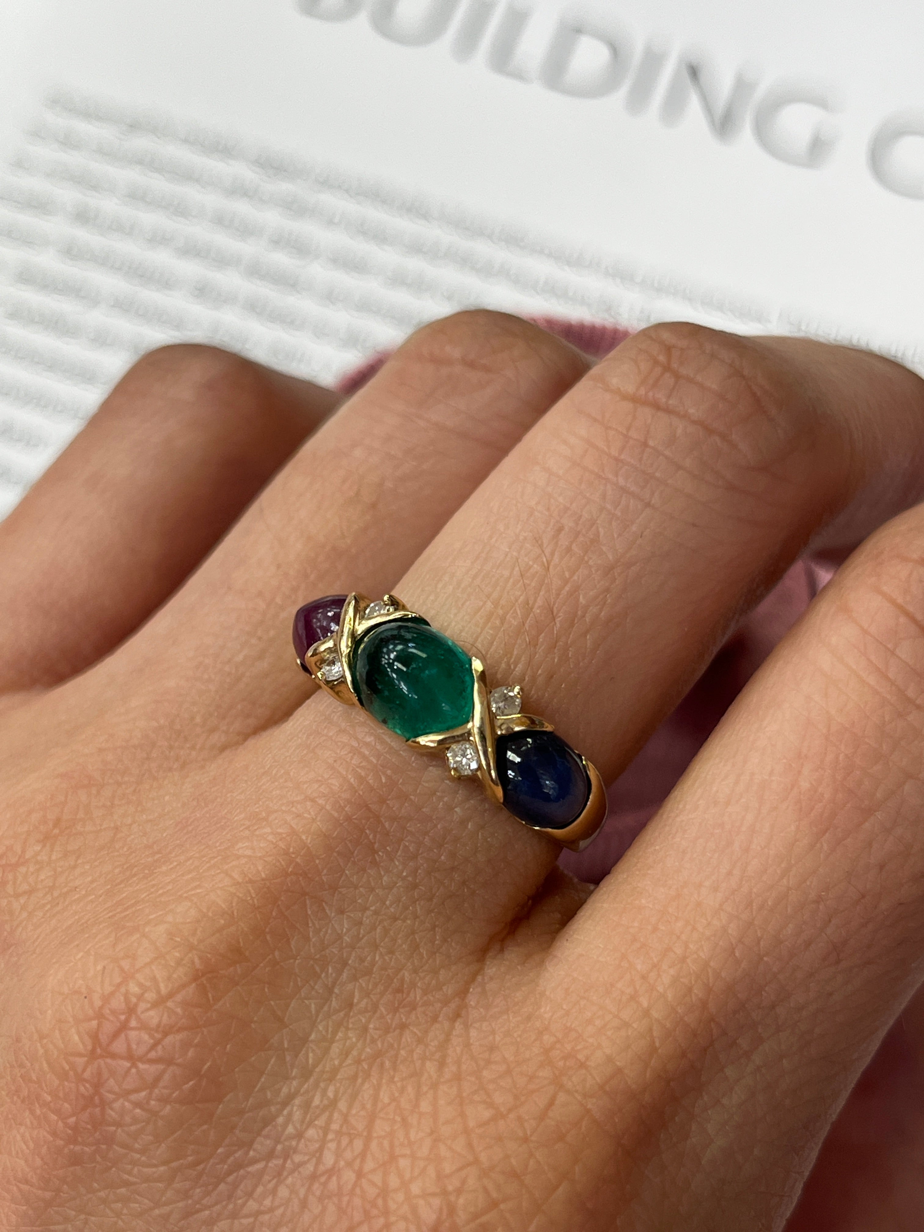 Vintage Three Stones Cabochon Emerald, Ruby And Sapphire 14K Yellow Gold Ring