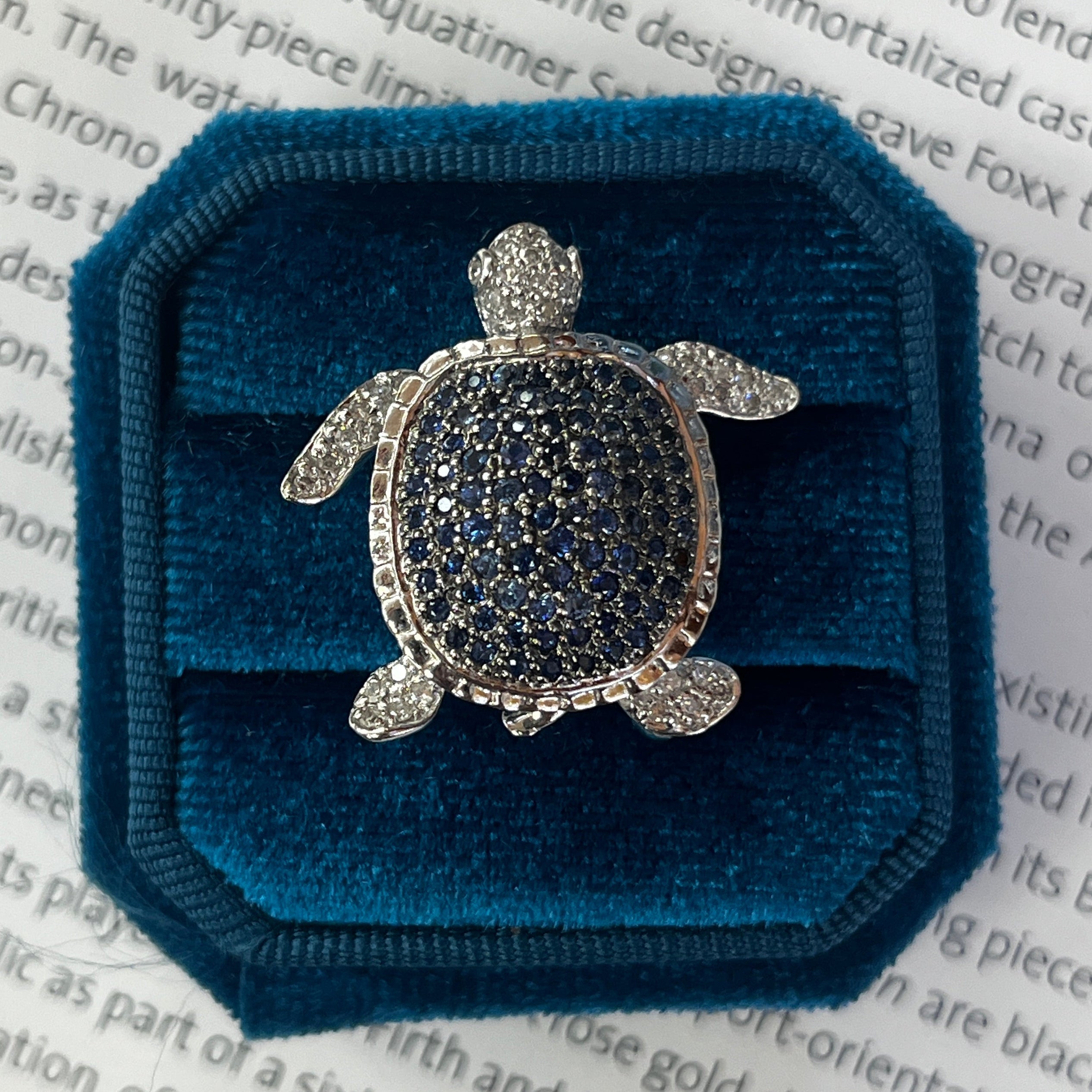Sapphire & Diamond Turtle 14K White Gold Brooch Pendant