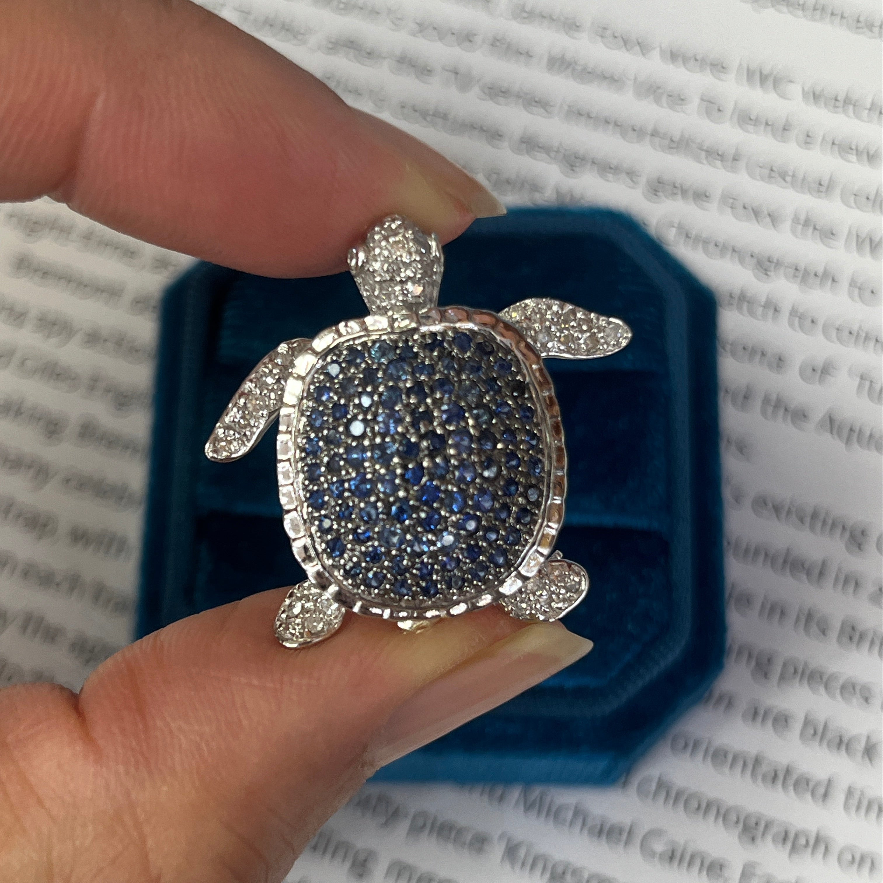 Sapphire & Diamond Turtle 14K White Gold Brooch Pendant