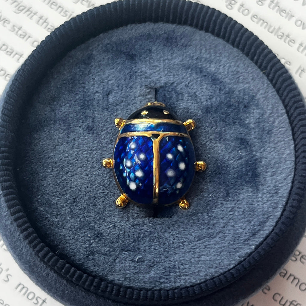 Vintage Blue Enamel Lady Bug 18K Yellow Gold Brooch