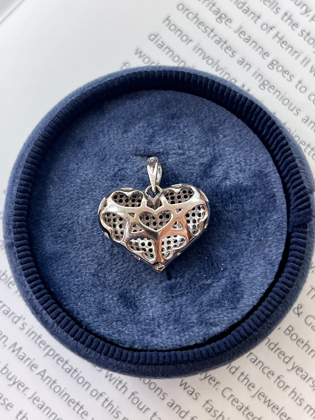 Vintage 14K White Gold Diamond & Black Diamond Puffed Heart Pendant