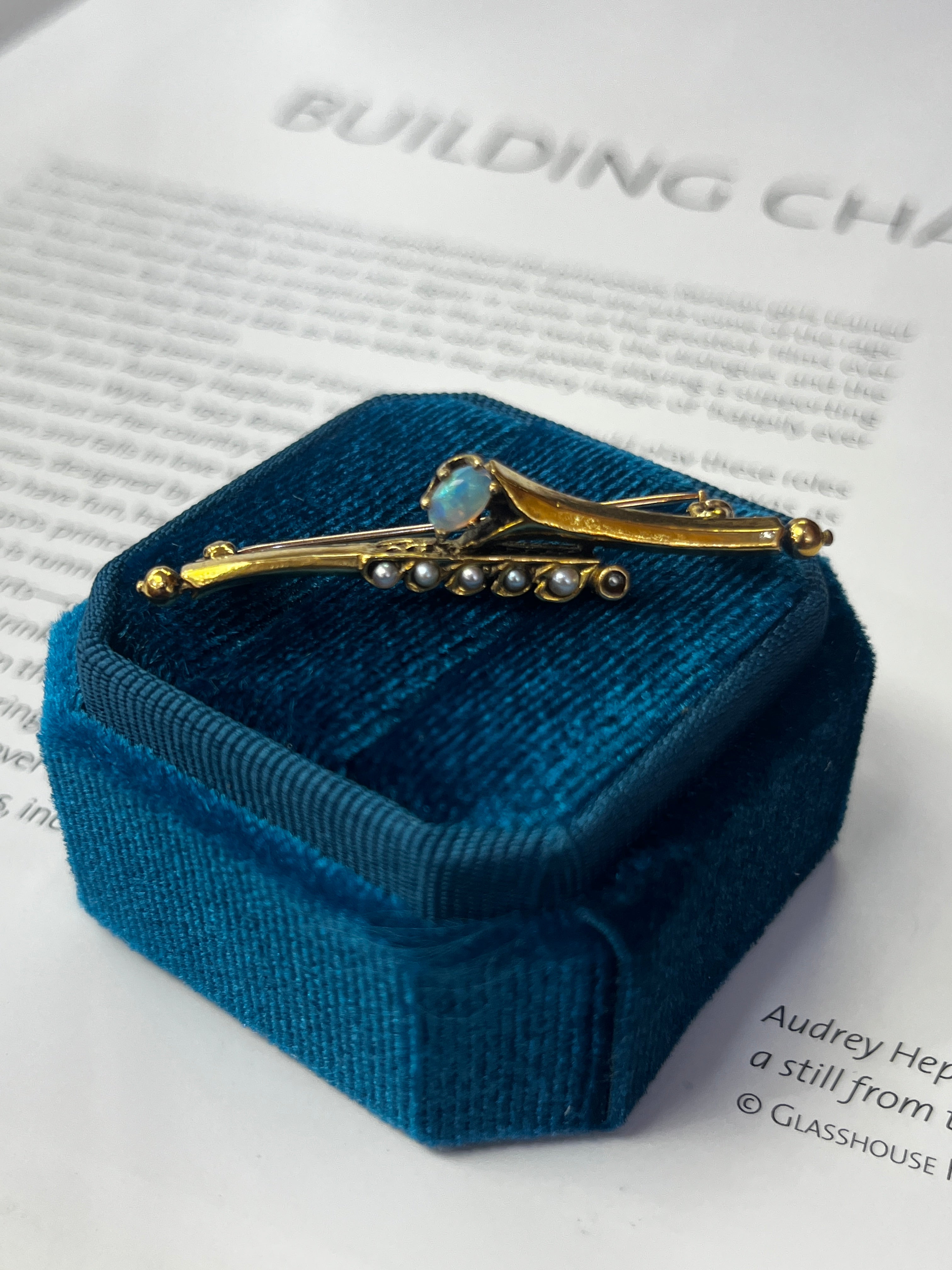 Vintage Opal & Split Pearl 14K Yellow Gold Bar Pin Brooch