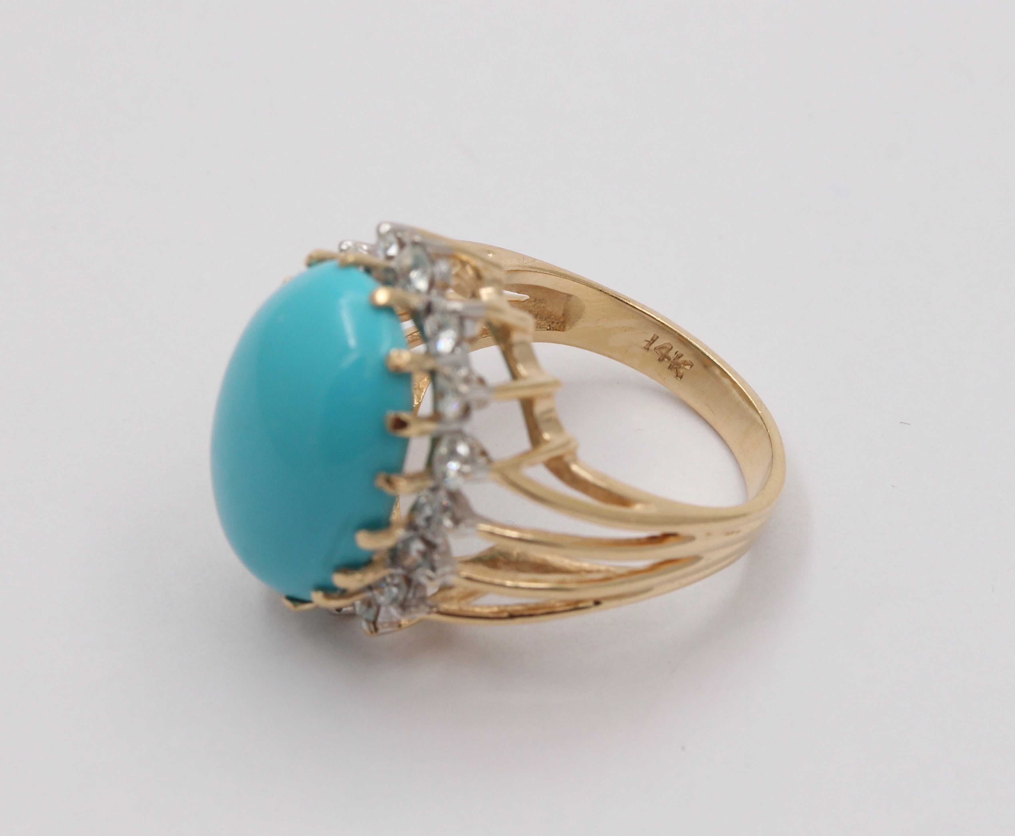 Vintage 14K Yellow Gold Large Natural Turquoise Diamond Halo Ring