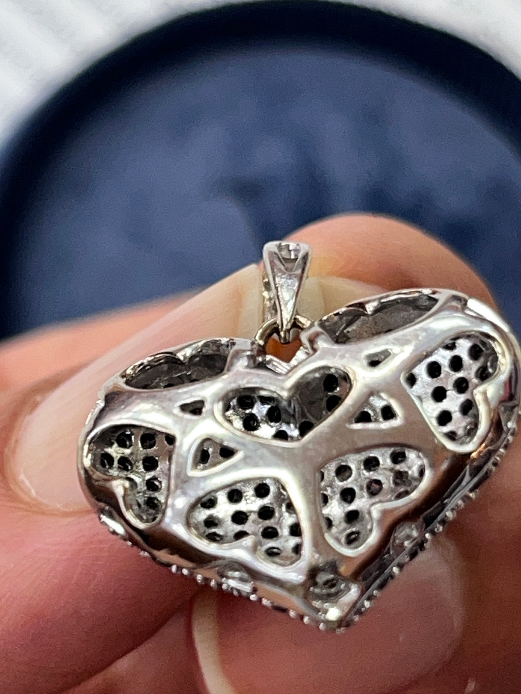 Vintage 14K White Gold Diamond & Black Diamond Puffed Heart Pendant