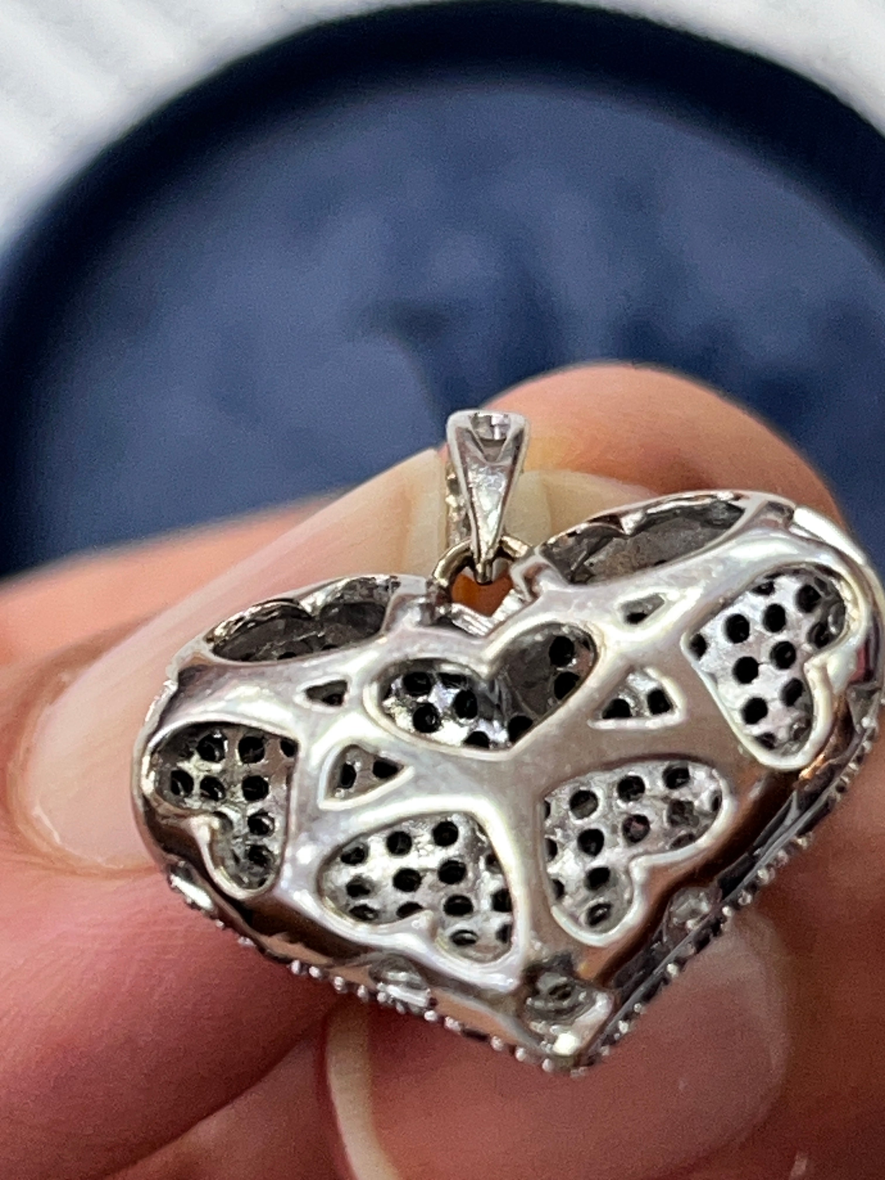 Vintage 14K White Gold Diamond & Black Diamond Puffed Heart Pendant