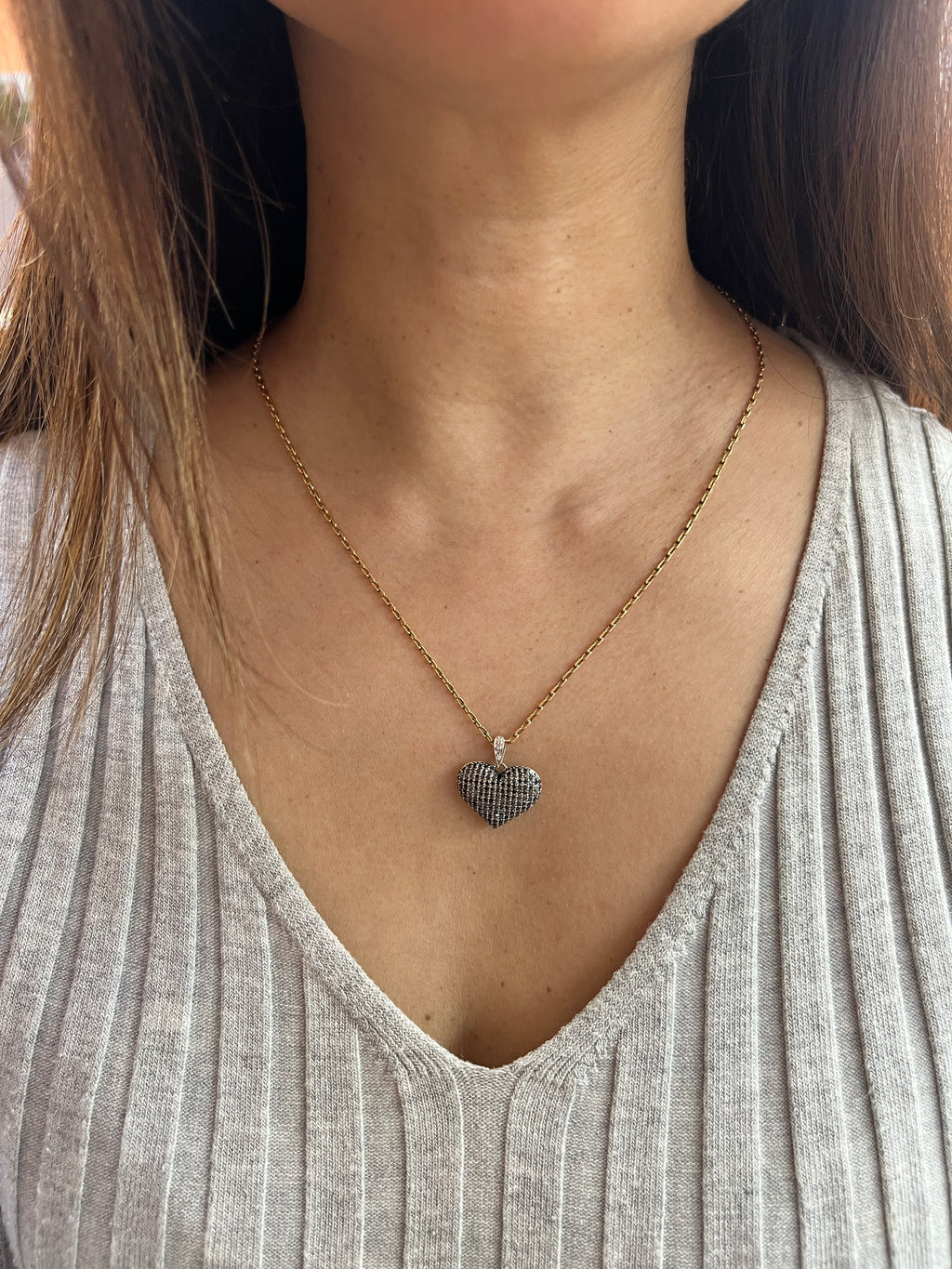 Vintage 14K White Gold Diamond & Black Diamond Puffed Heart Pendant