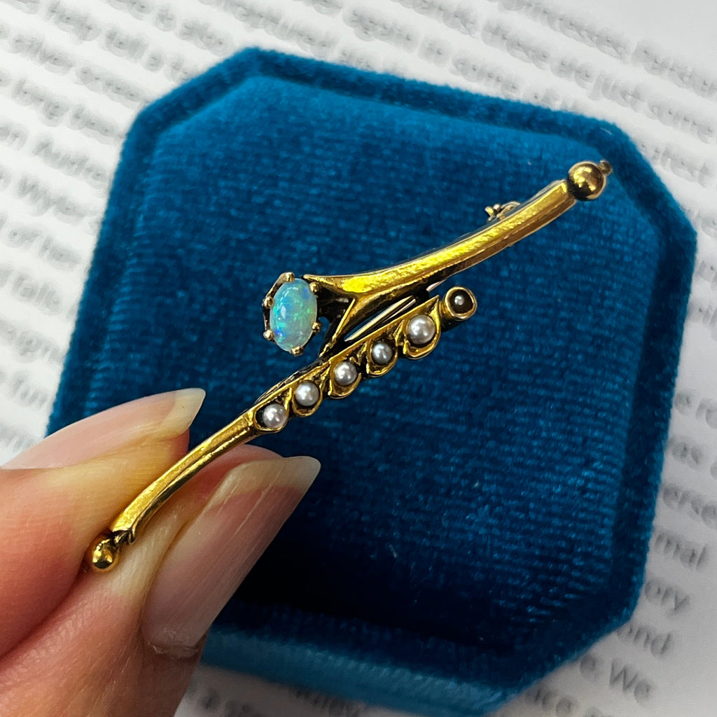 Vintage Opal & Split Pearl 14K Yellow Gold Bar Pin Brooch