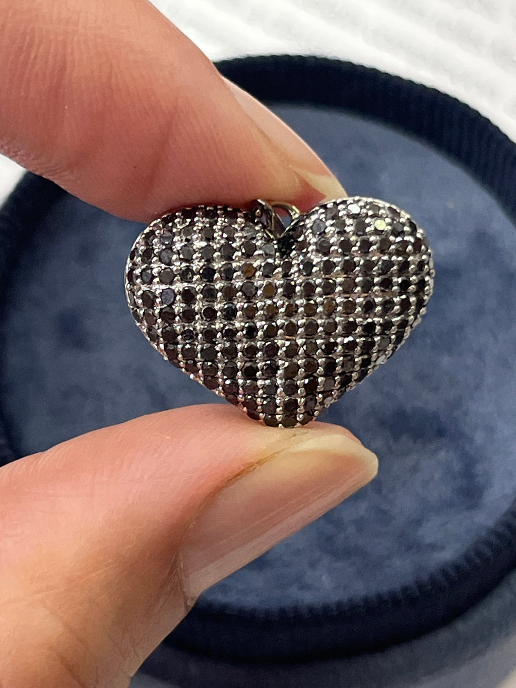 Vintage 14K White Gold Diamond & Black Diamond Puffed Heart Pendant