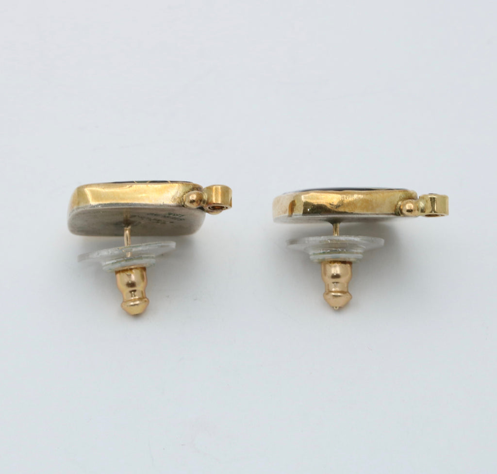 Vintage Cloisonné Open & Close Rose 18K Gold & Sterling Silver Studs Earrings.