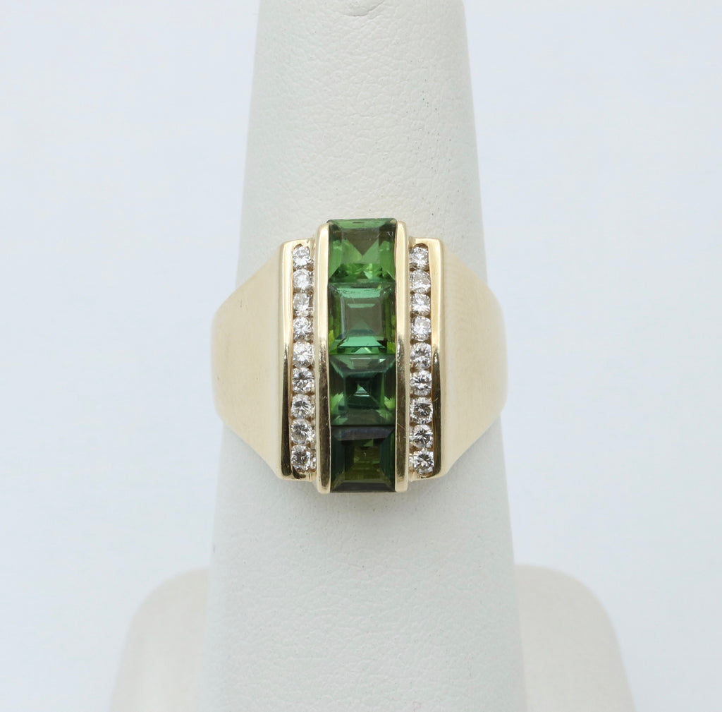 Funky Green Stone & Diamond 14K Yellow Gold Statement Ring