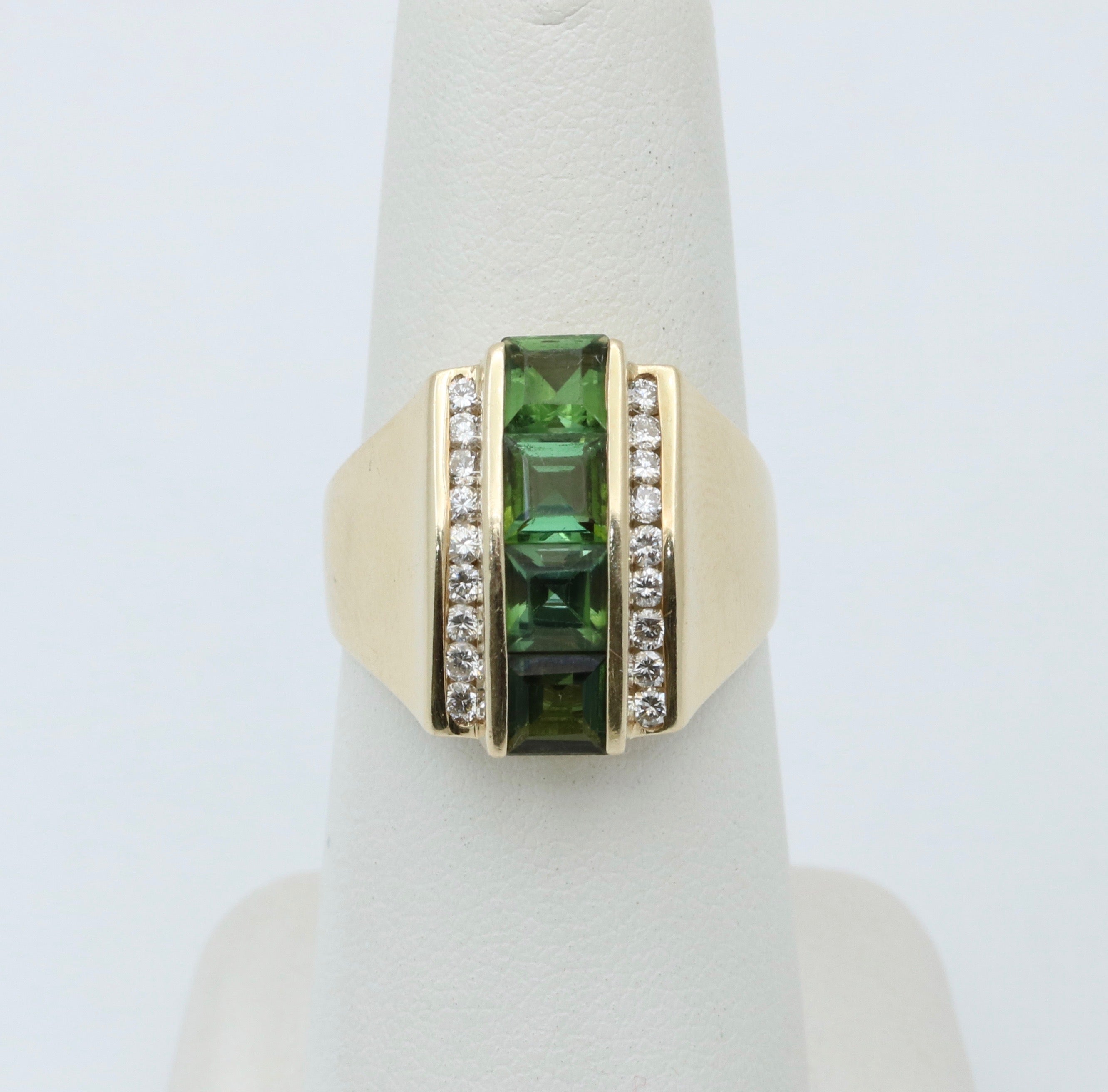 Funky Green Stone & Diamond 14K Yellow Gold Statement Ring