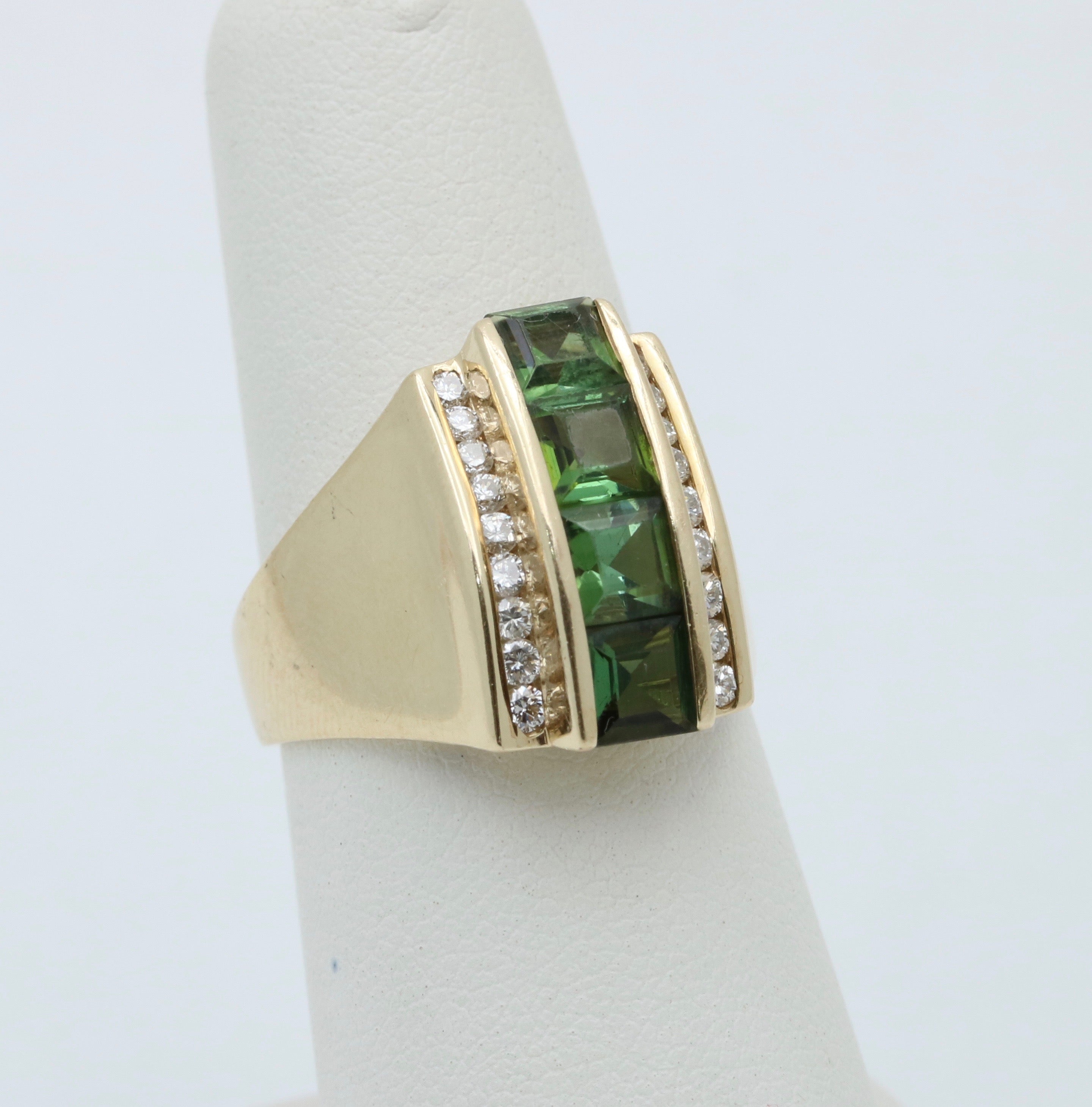 Funky Green Stone & Diamond 14K Yellow Gold Statement Ring
